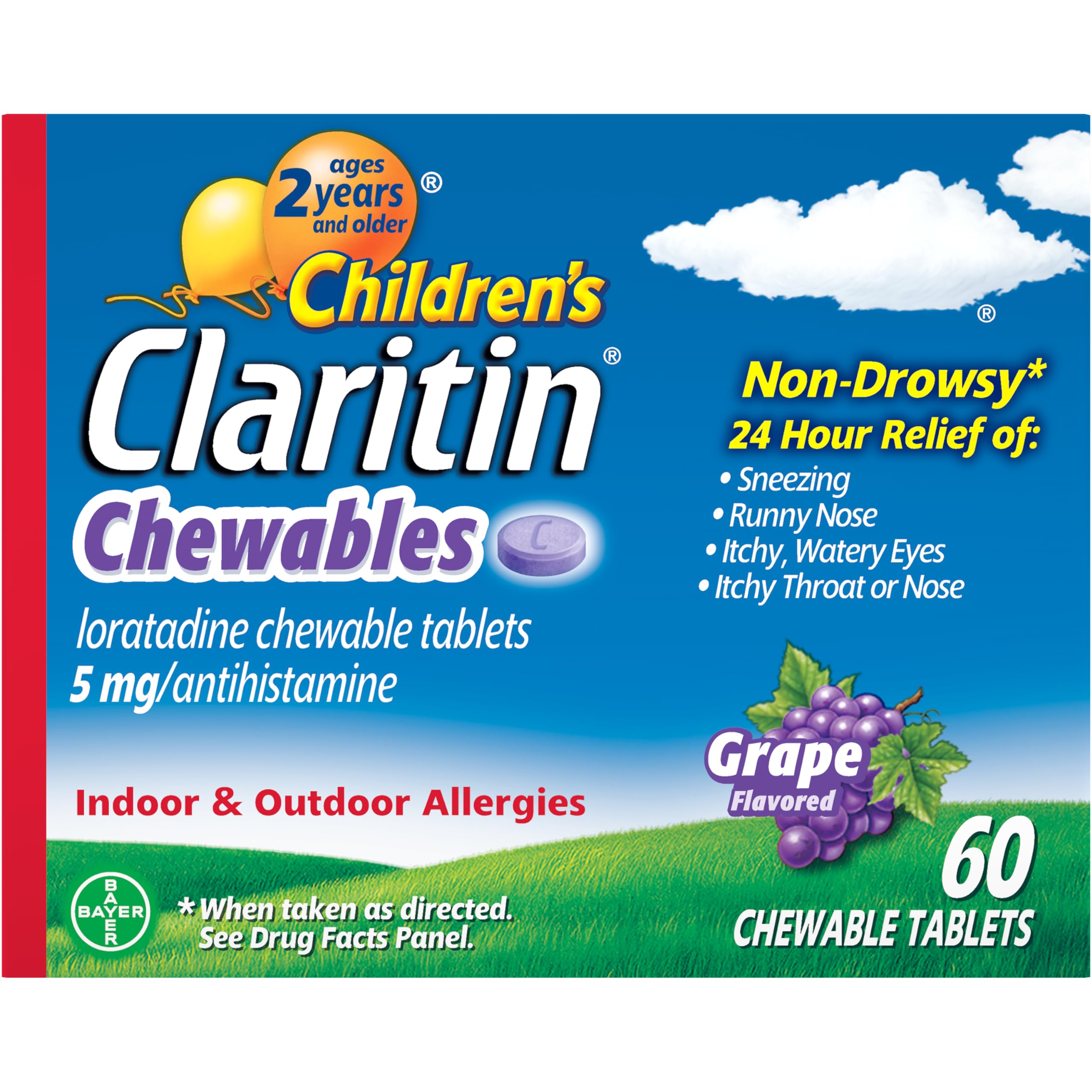 Boîte Claritin Enfants Chewables goût raisin, pratique à emporter pour la journée.