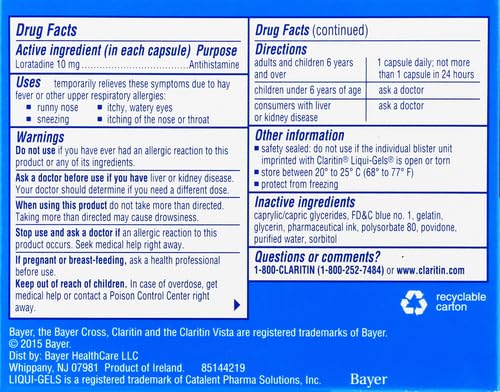 Bouteille Claritin Liqui-Gels 30 capsules, pratique à emporter et à utiliser au quotidien.