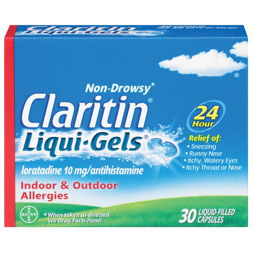 Claritin Liqui-Gels emballage et étiquette, affichant dosage et bénéfice antihistaminique.