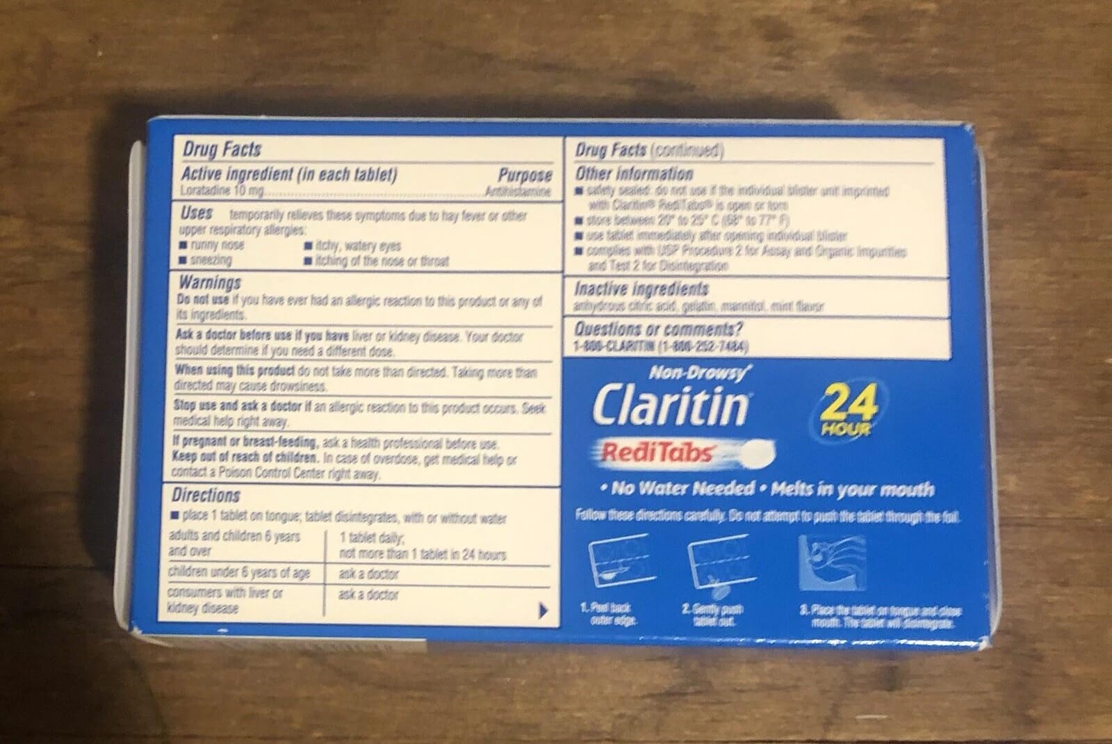 Tablettes dissolvantes Claritin RediTabs sans eau, pratique en déplacement.