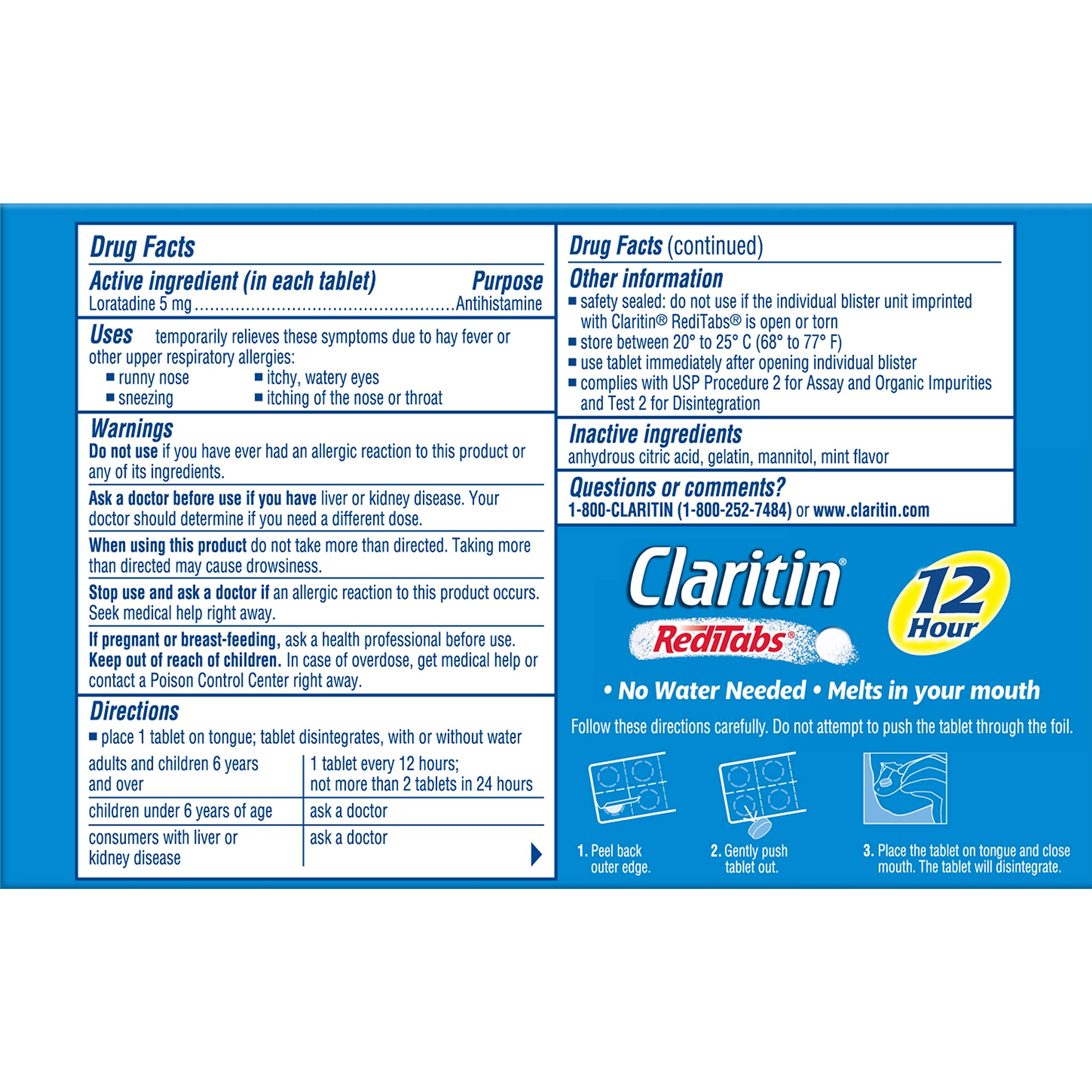 Claritin RediTabs offrant un soulagement de 12 heures sans nécessité d’eau.