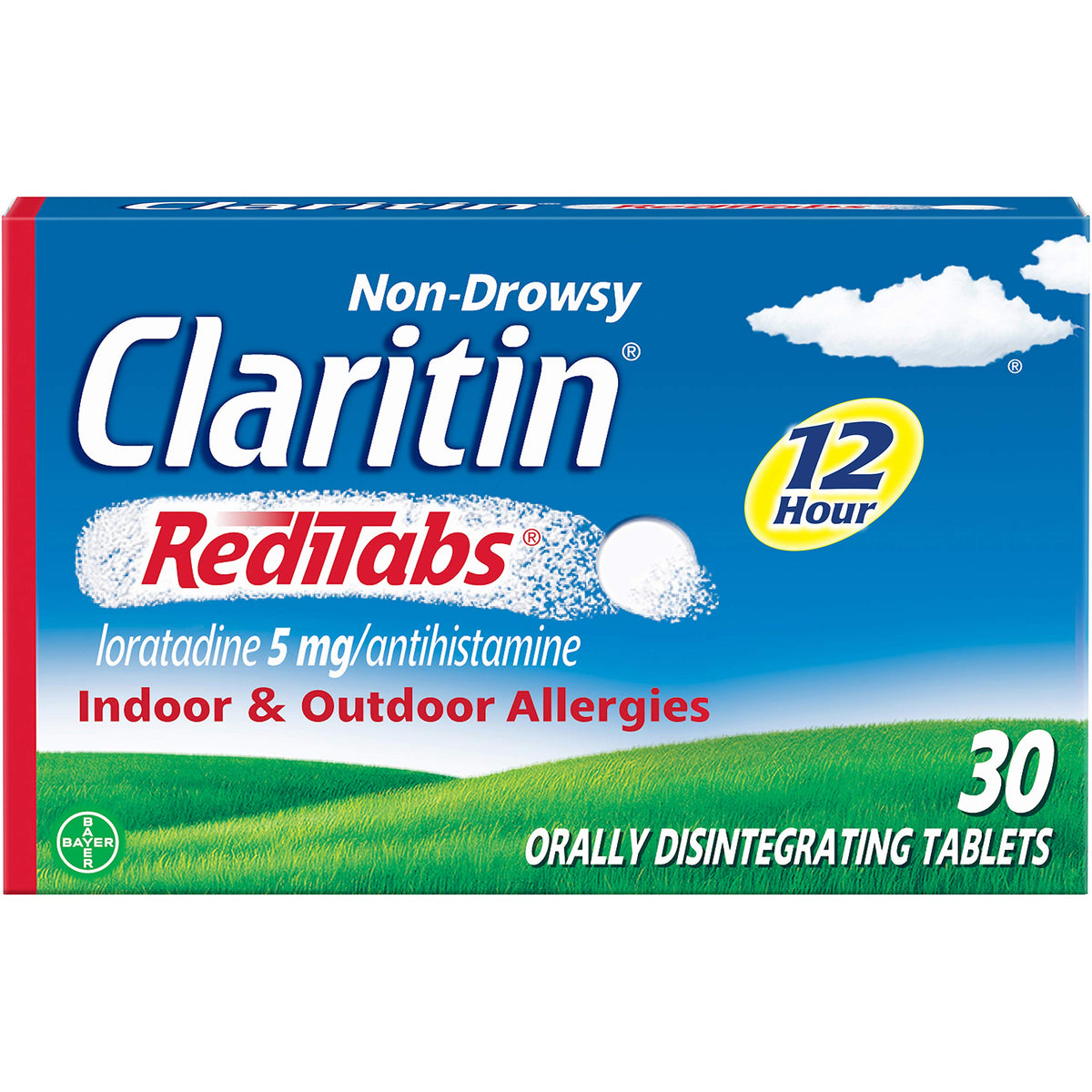 Claritin RediTabs tablette sans eau pour un soulagement allergique potentiel pendant 12 heures.