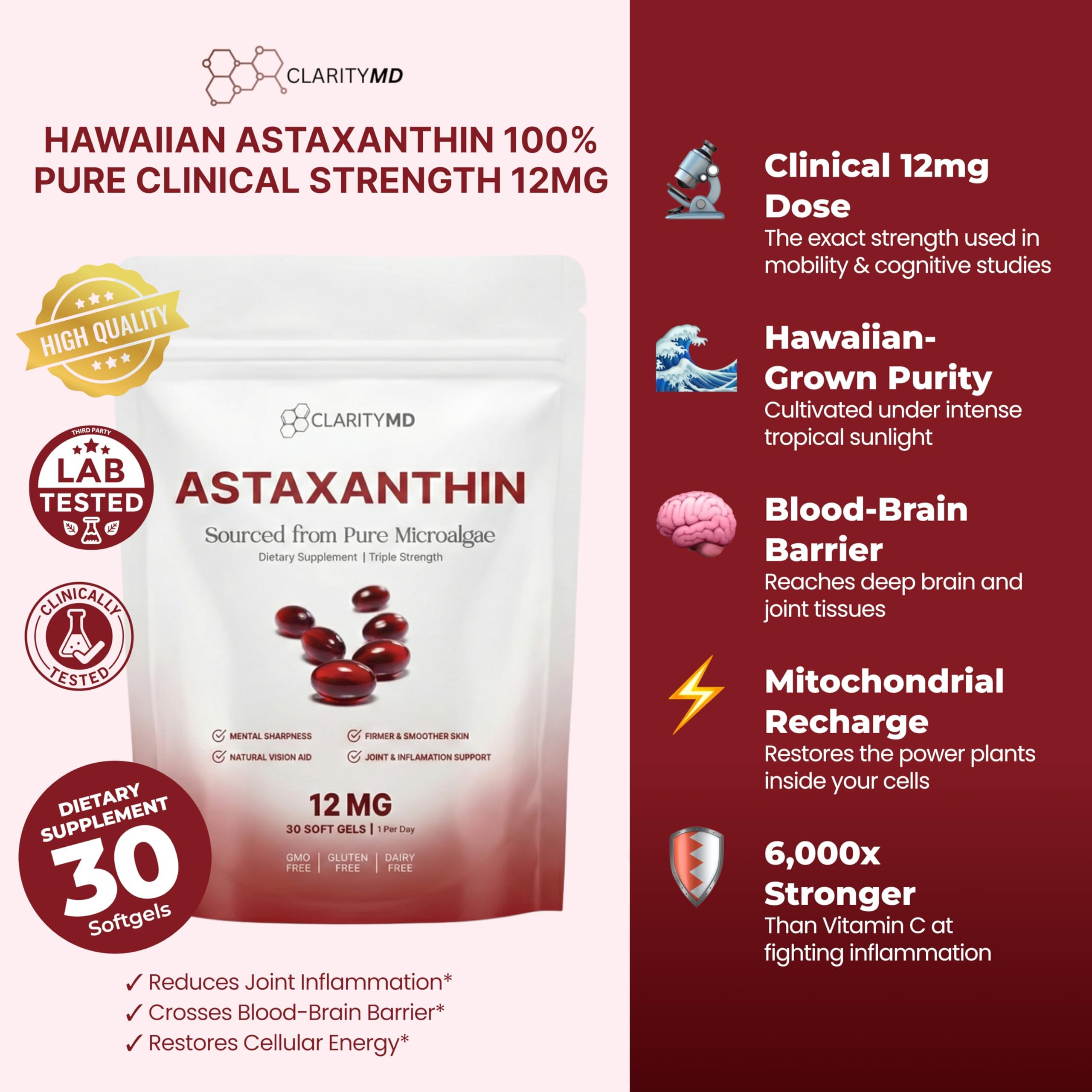 ClarityMD Astaxanthin : source naturelle issue d’algues microalgues cultivées.