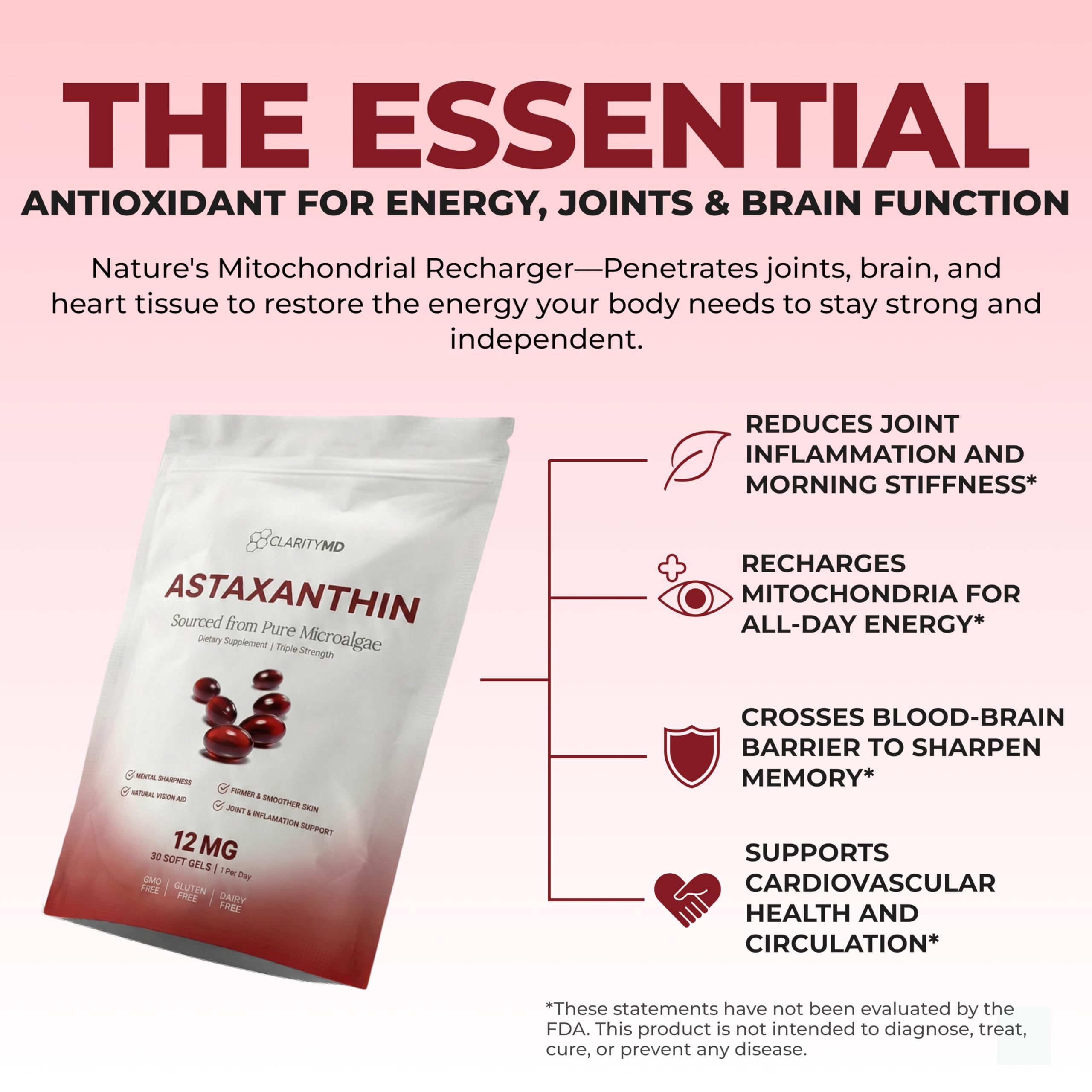 ClarityMD Astaxanthin : soutien des articulations et mobilité au quotidien.