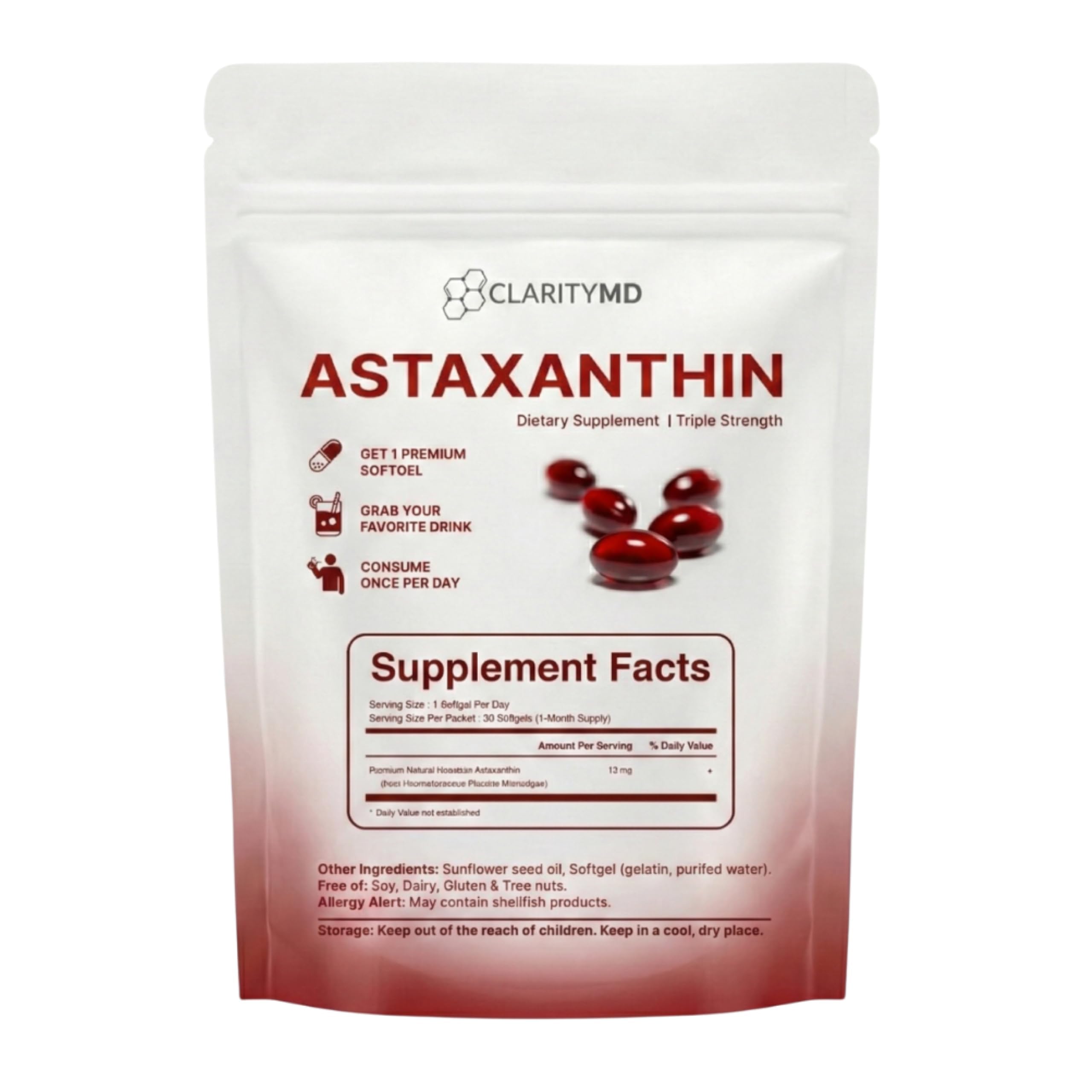 Gélule ClarityMD Astaxanthin : soutien cognitif potentiel pour concentration et clarté.