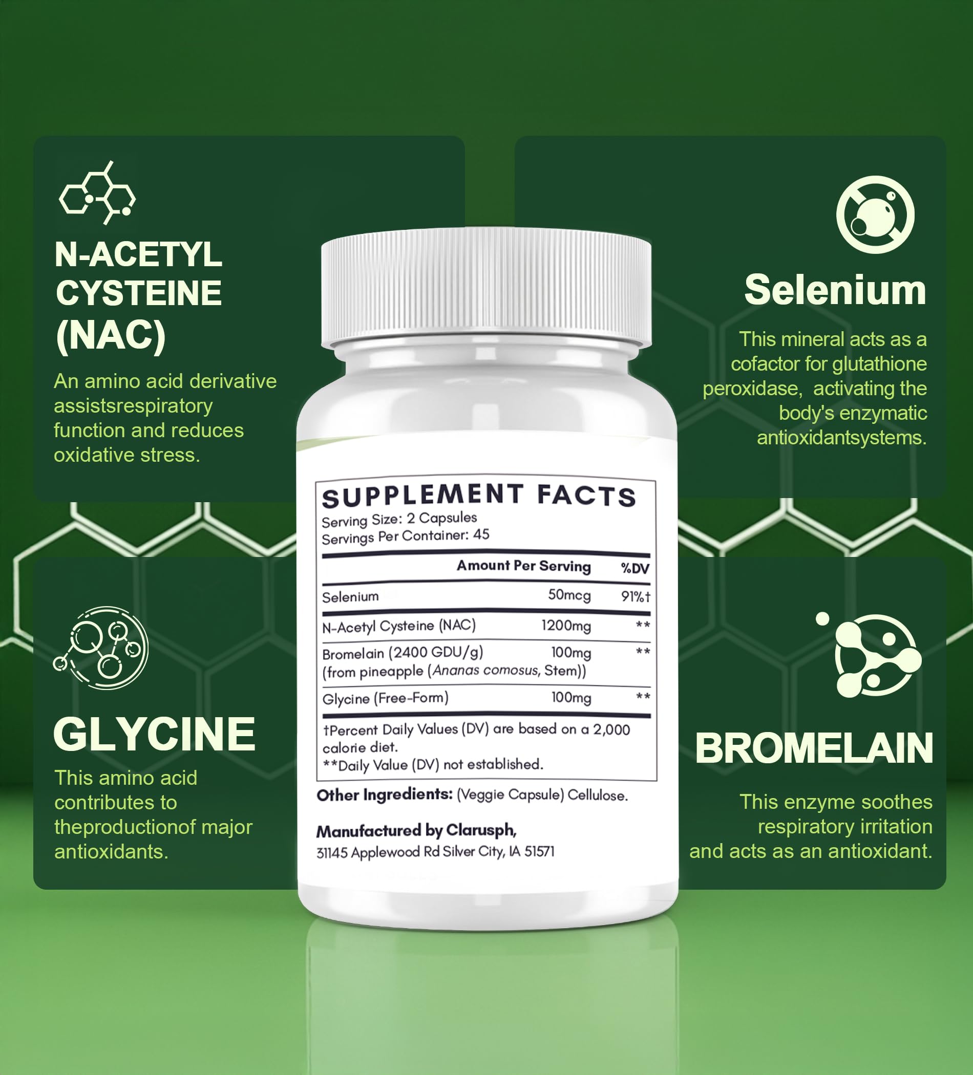 Clarusph NAC avec bromélaïne et sélénium, duo utile pour le confort pulmonaire.