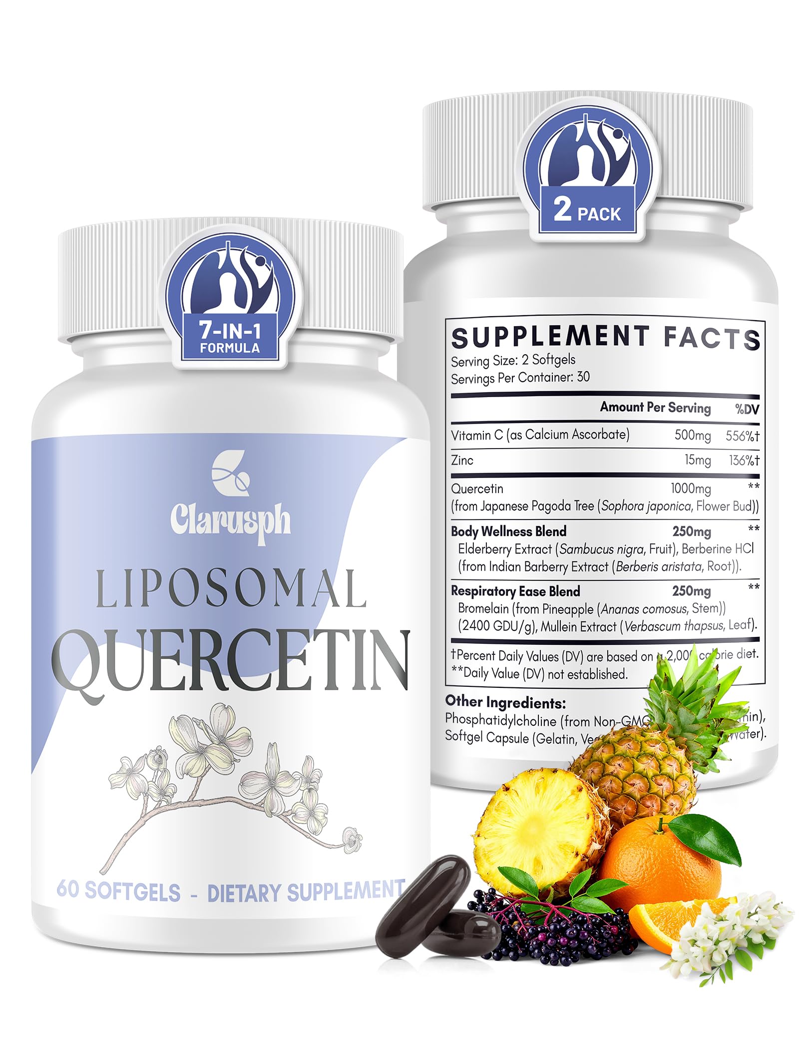 Clarusph Quercétine avec Bromélaïne, bouteille de gélules liposomales pour une routine quotidienne.