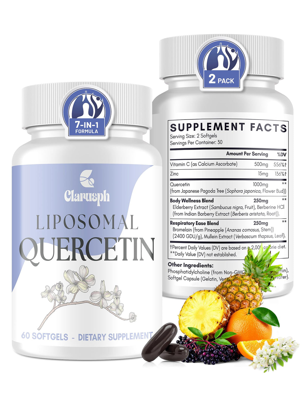 Clarusph Quercétine avec Bromélaïne, bouteille de gélules liposomales pour une routine quotidienne.