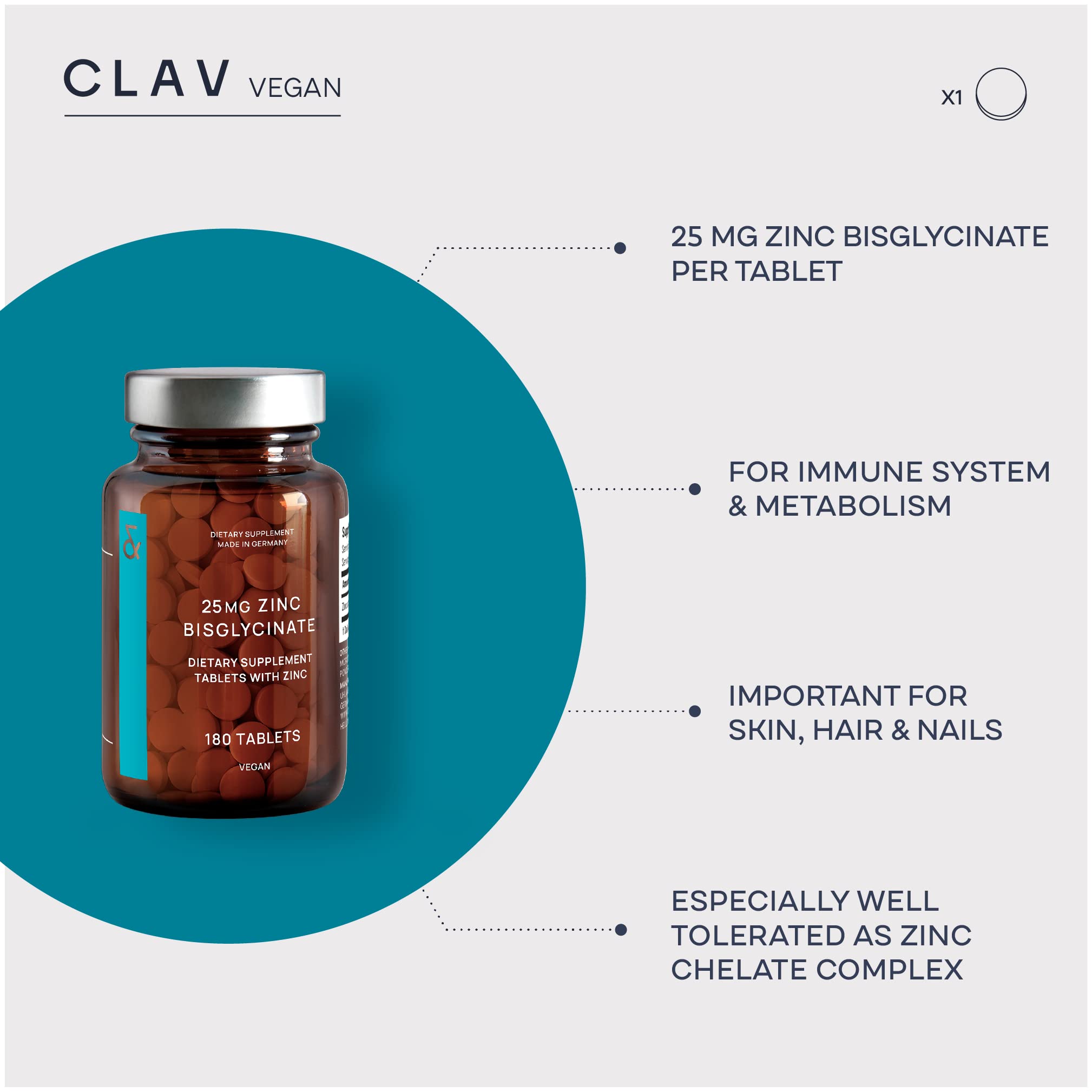 CLAV Zinc Bisglycinate 25 mg – 180 tablettes pour six mois d'utilisation