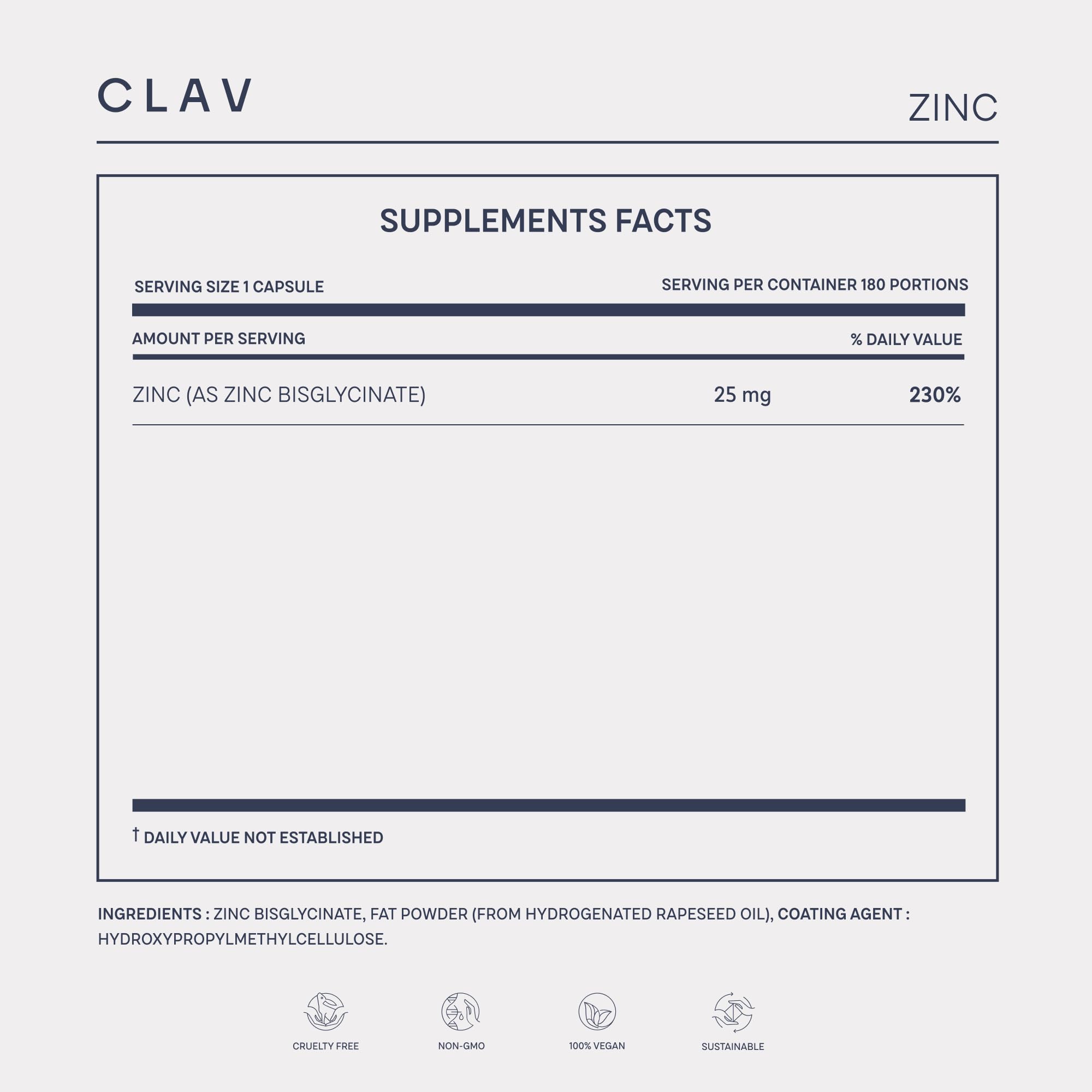 CLAV Zinc Bisglycinate – tablette facile à avaler