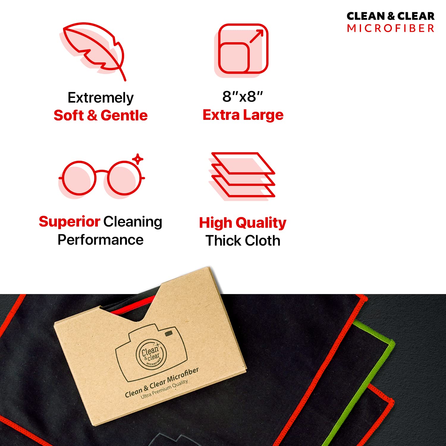 Objectifs camera et lentilles nets grâce au chiffon Clean & Clear Microfiber.