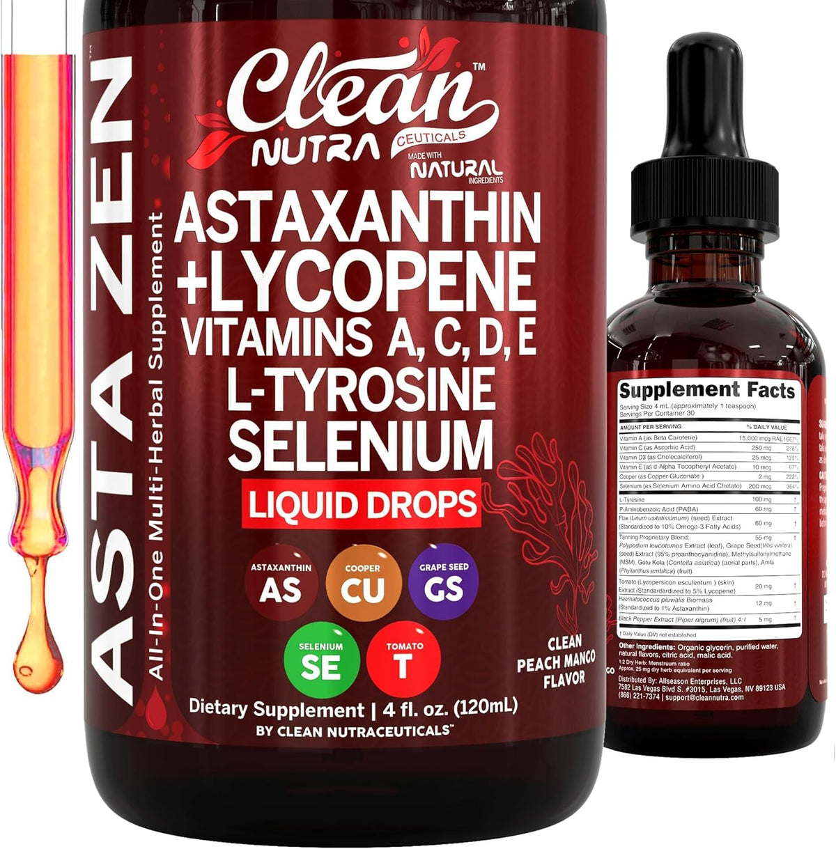 Gouttes Clean Nutra Astaxanthine Lycopène dans la bouteille, absorption potentielle facilitée.