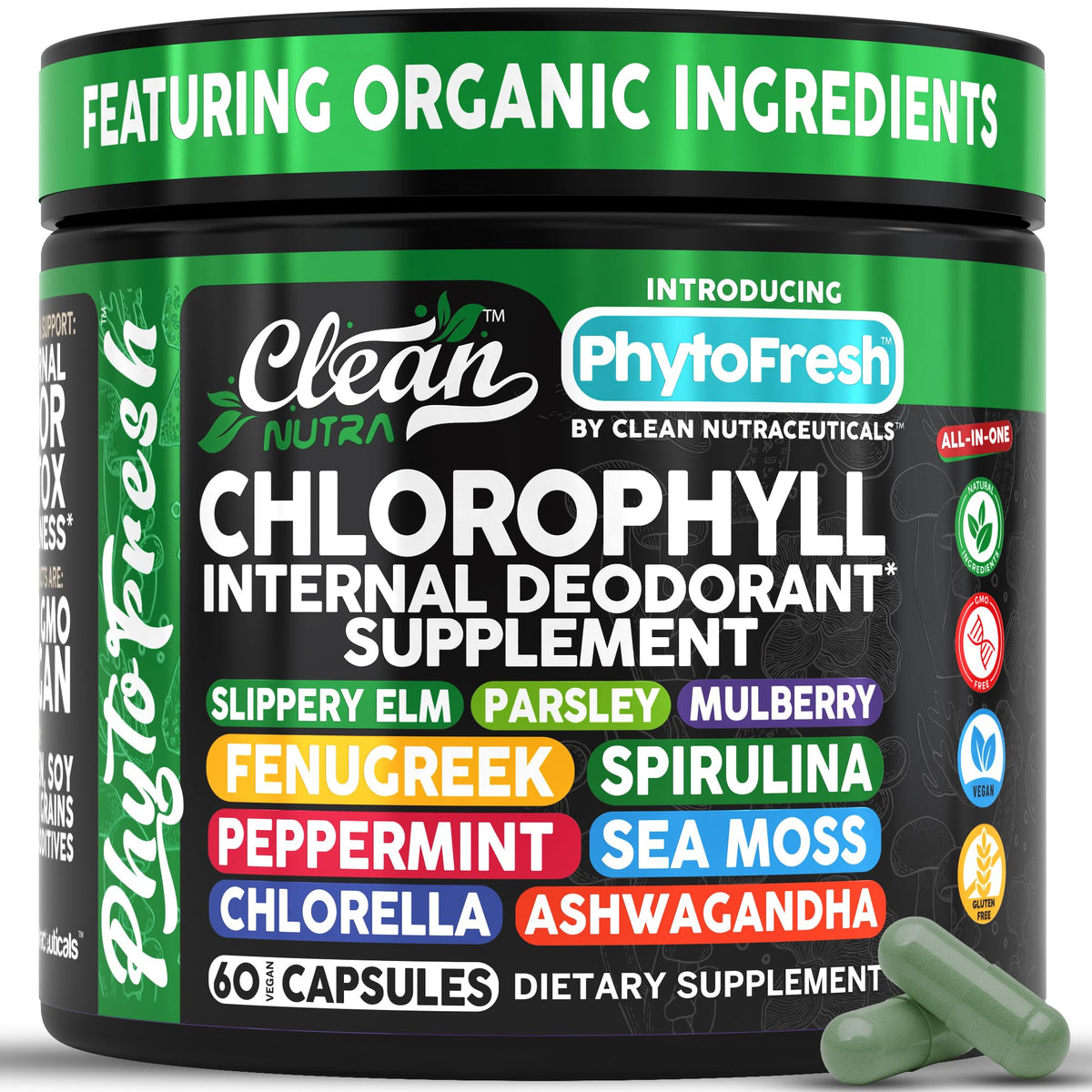 Clean Nutra chlorophylle capsules menthe – désodorisant interne et énergie soutenue.