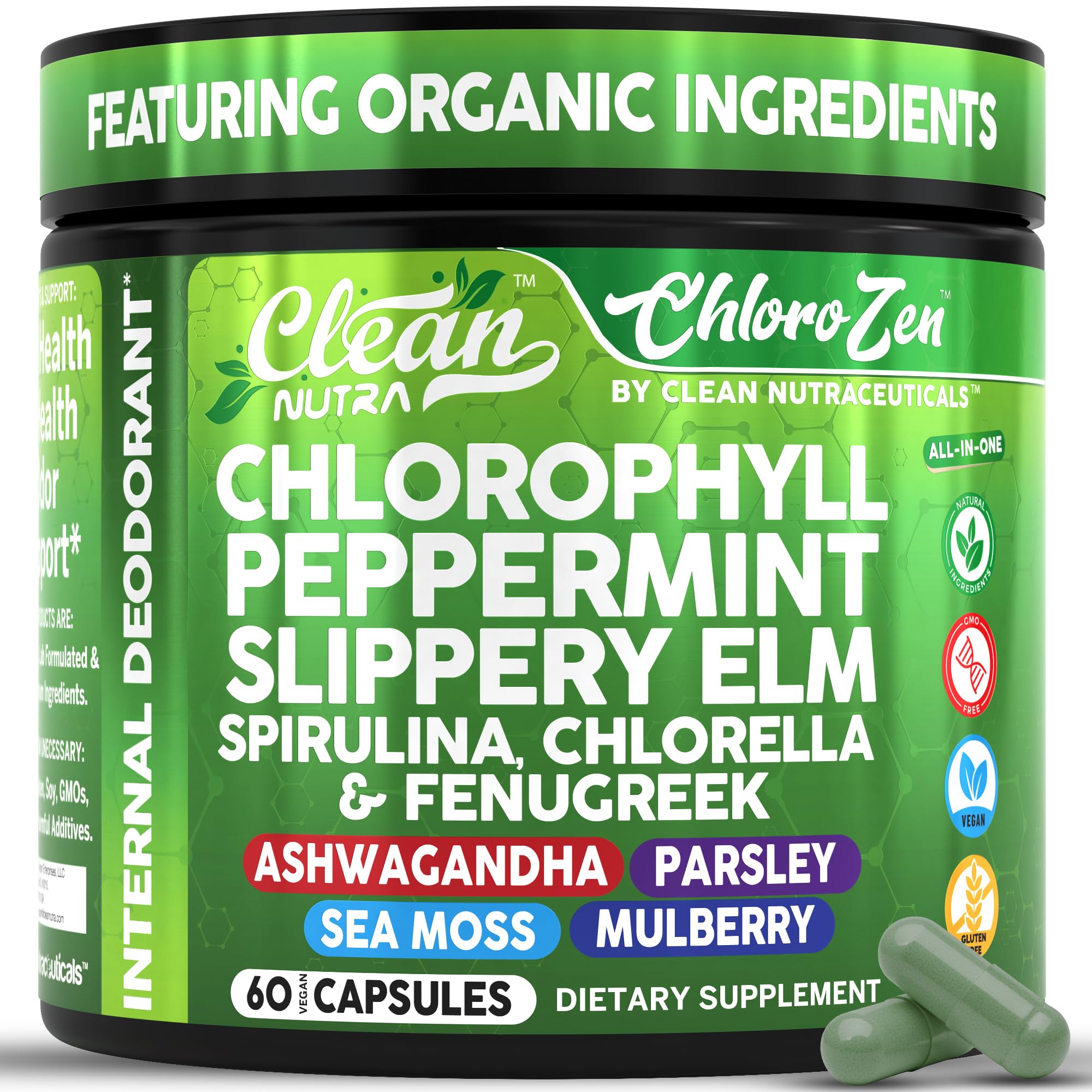 Capsules Clean Nutra chlorophylle pour une fraîcheur durable.