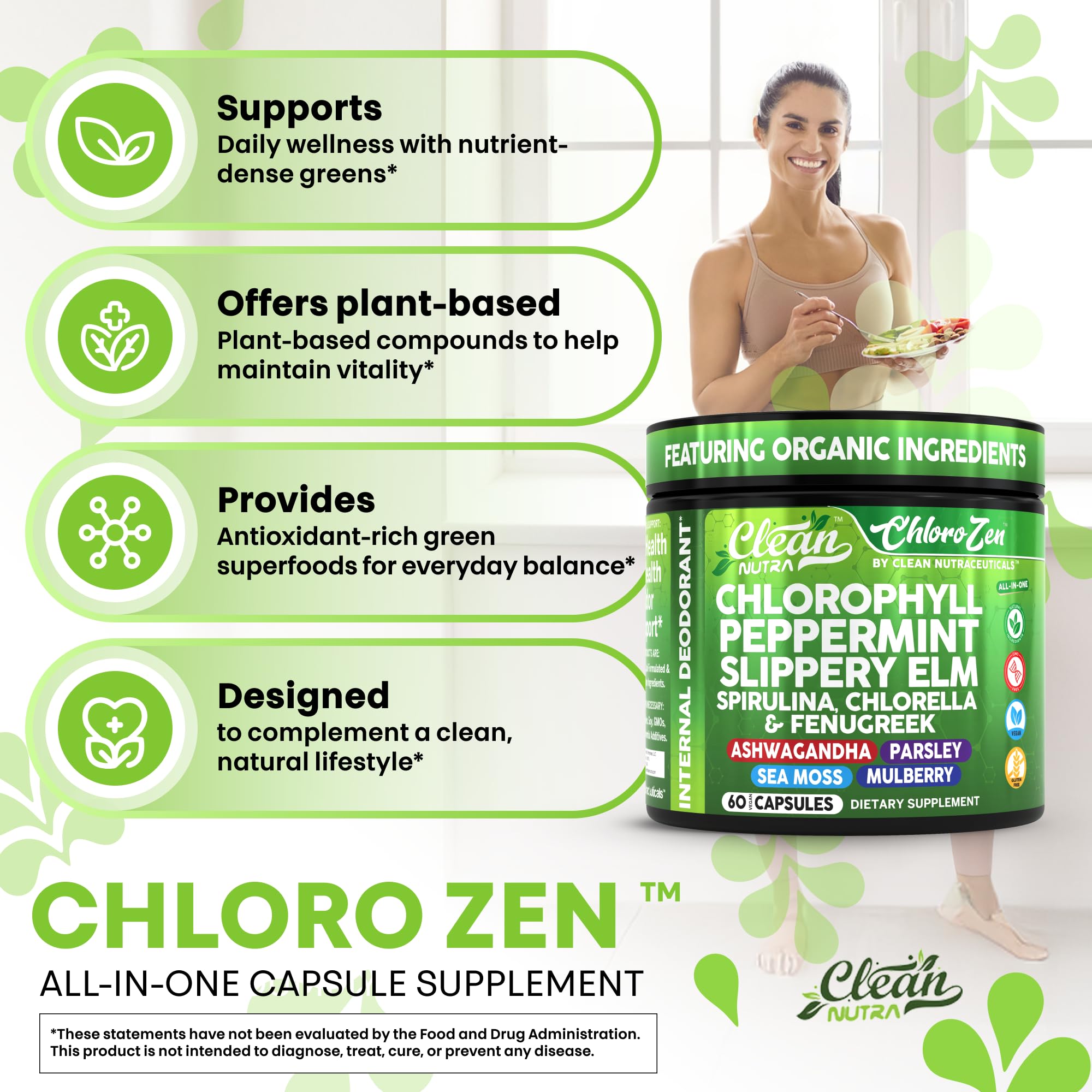 Chlorelle, ashwagandha et fenugrec dans Clean Nutra pour soutien digestif.