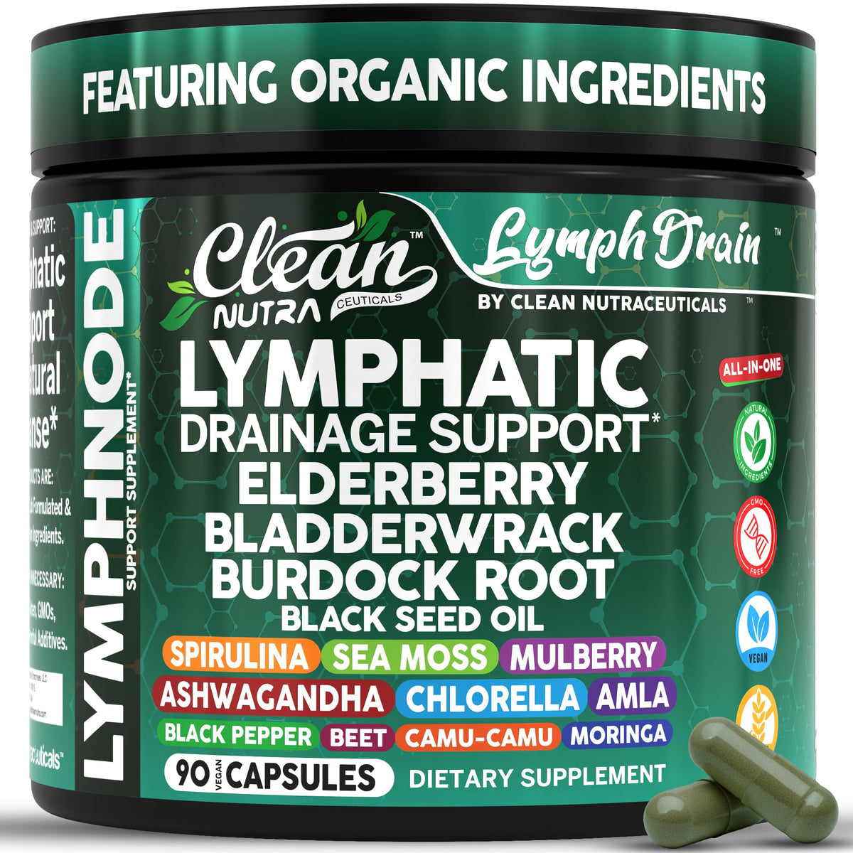 Clean Nutraceuticals – bouteille de compléments lymphatiques pour soutenir la circulation et le drainage.