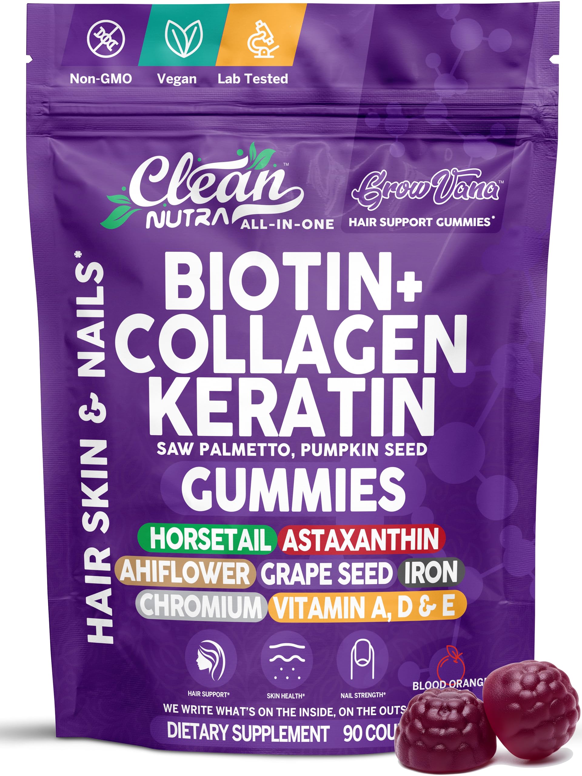 Gomme GrowVana de Clean Nutra pour la pousse des cheveux et la vitalité.
