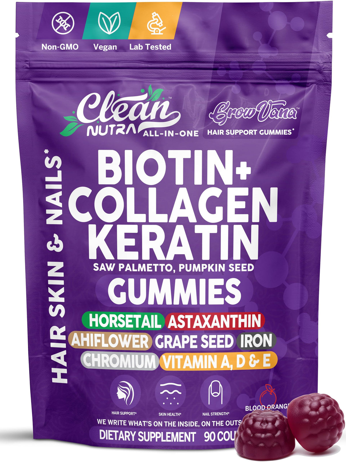 Gomme GrowVana de Clean Nutra pour la pousse des cheveux et la vitalité.