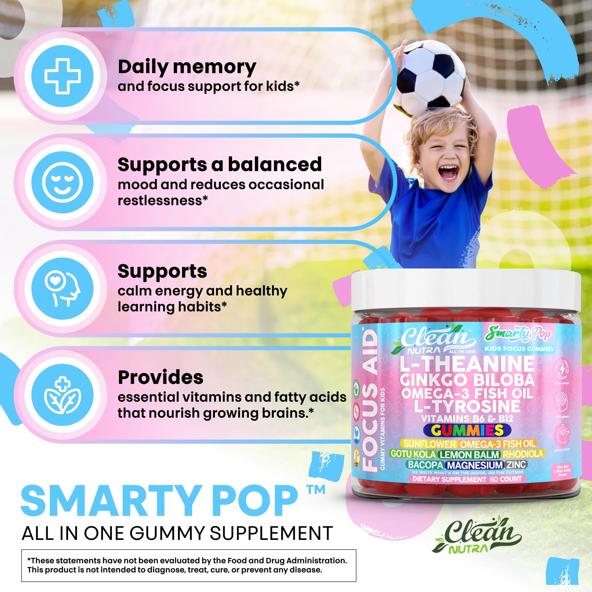 L Theanine dans les gommes Clean Nutra Kids Focus pour concentration et calme potentiel