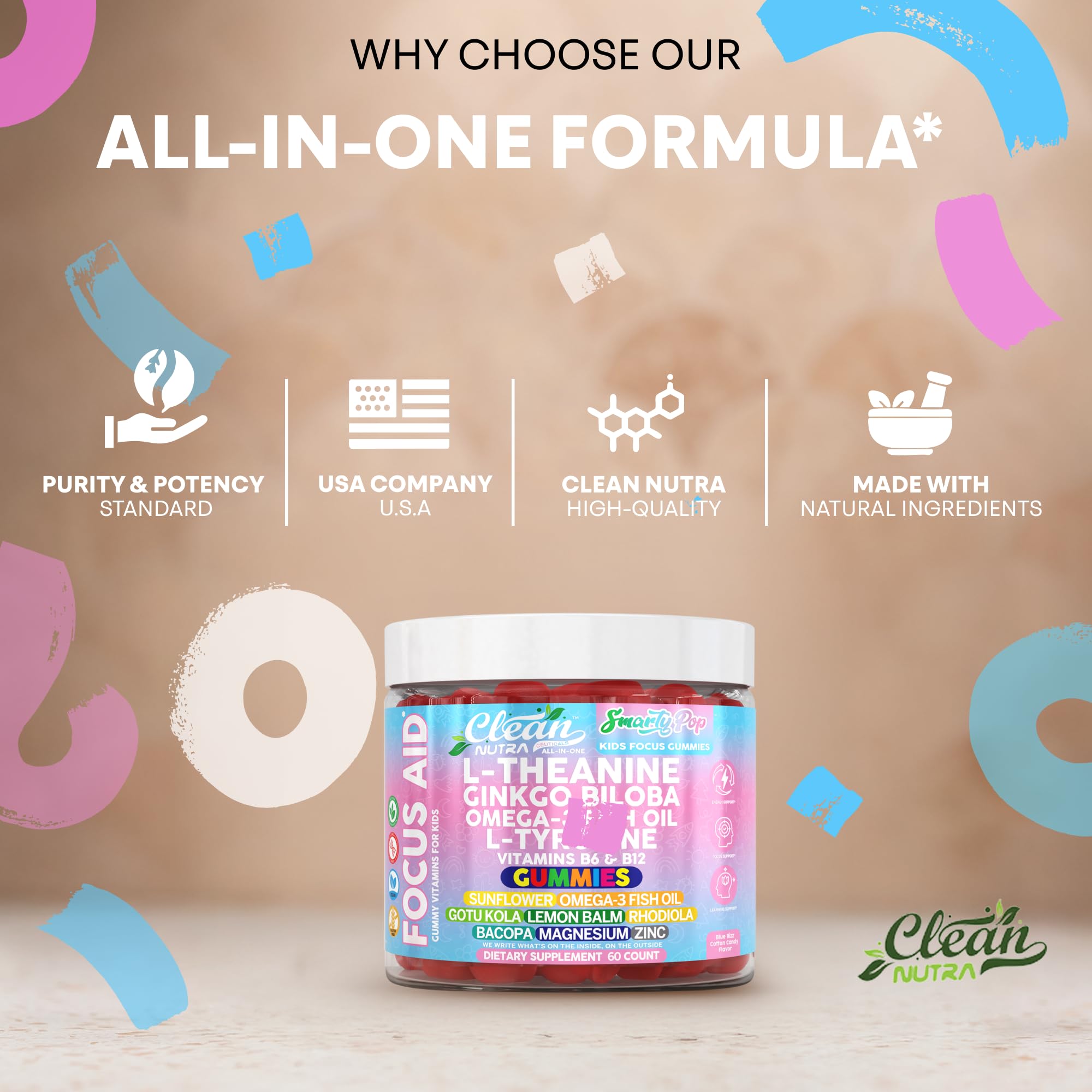 Étiquette et usine US cGMP pour Clean Nutra Kids Focus, qualité et traçabilité