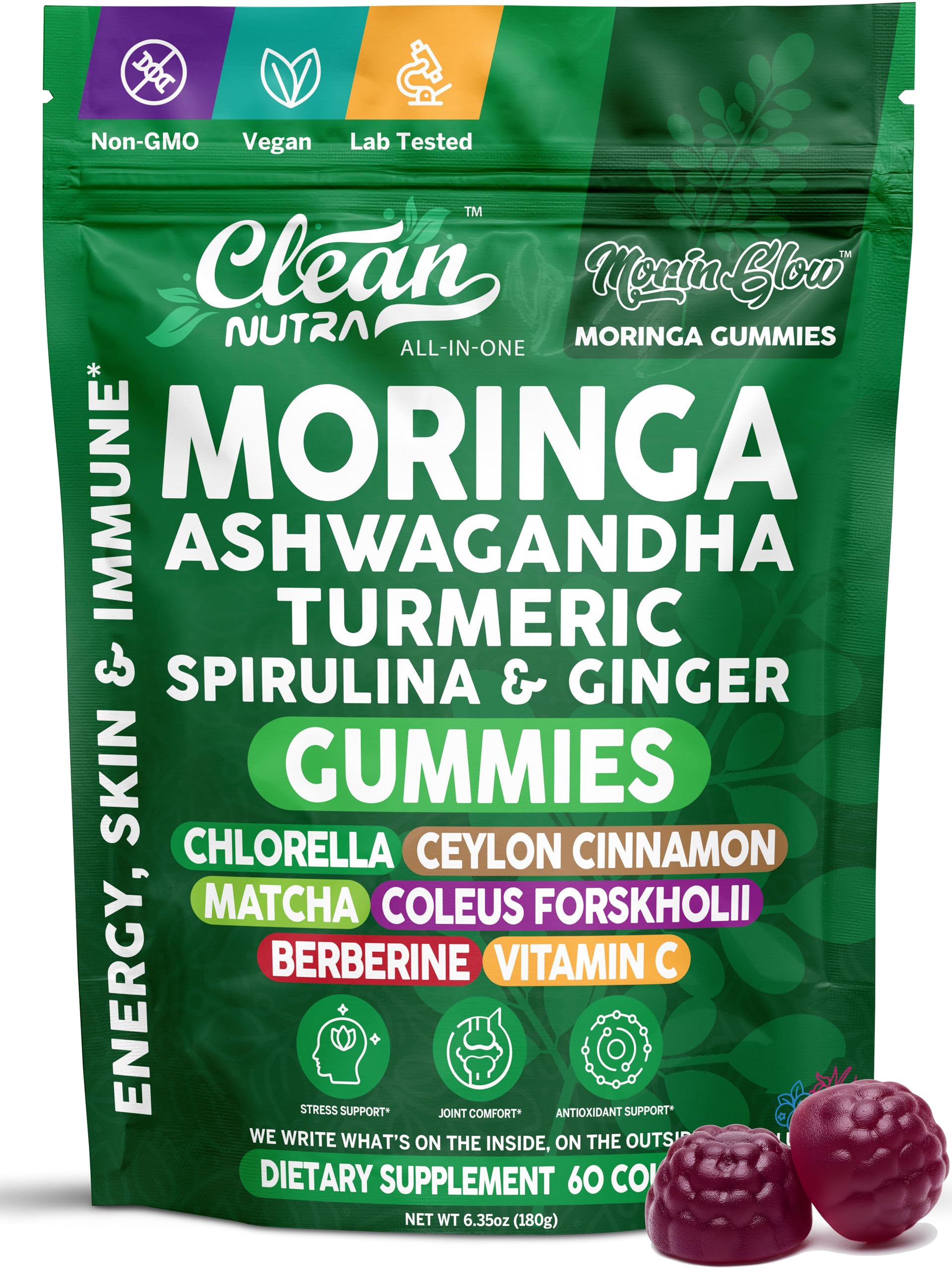 Clean Nutra Moringa Gommes, bouteille visible, énergie naturelle au quotidien.