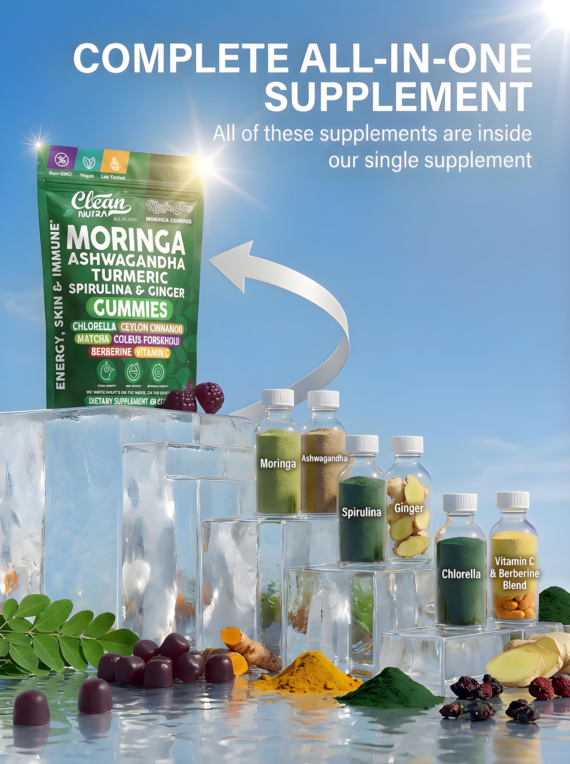 Composition: moringa, ashwagandha et spiruline dans les gommes Clean Nutra.