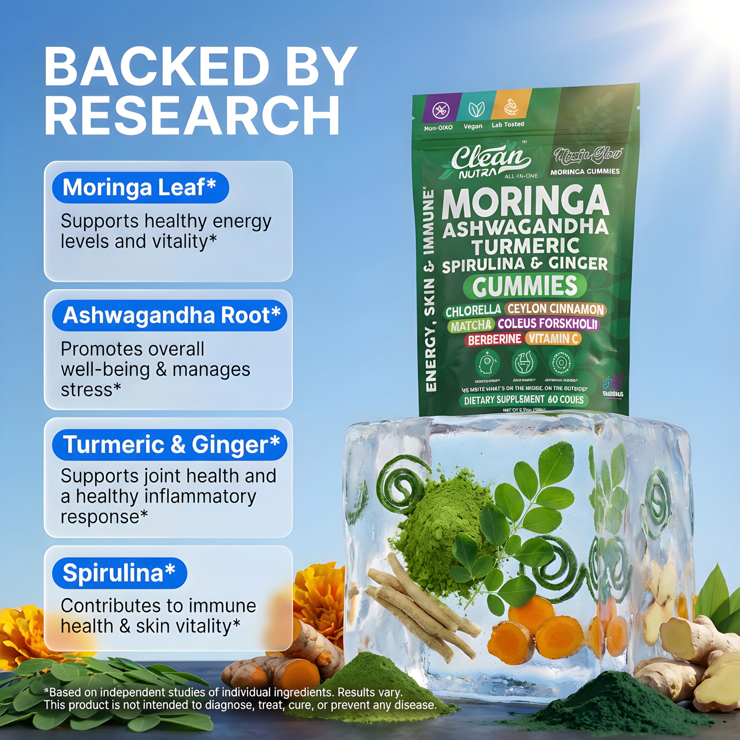 Étiquette Clean Nutra Moringa Gommes, pureté et ingrédients naturels.