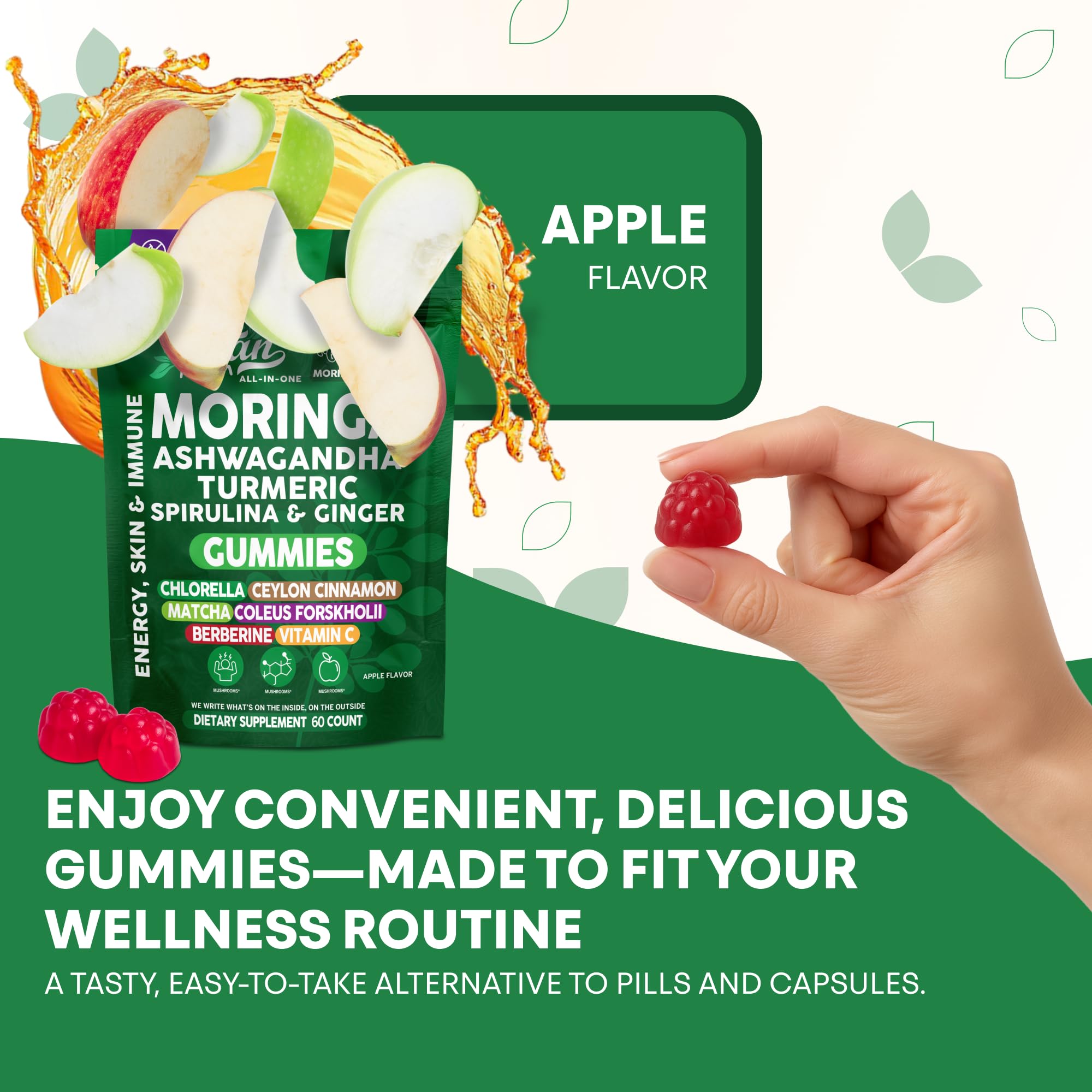 Mélange d’herbes: moringa, spiruline et ashwagandha.