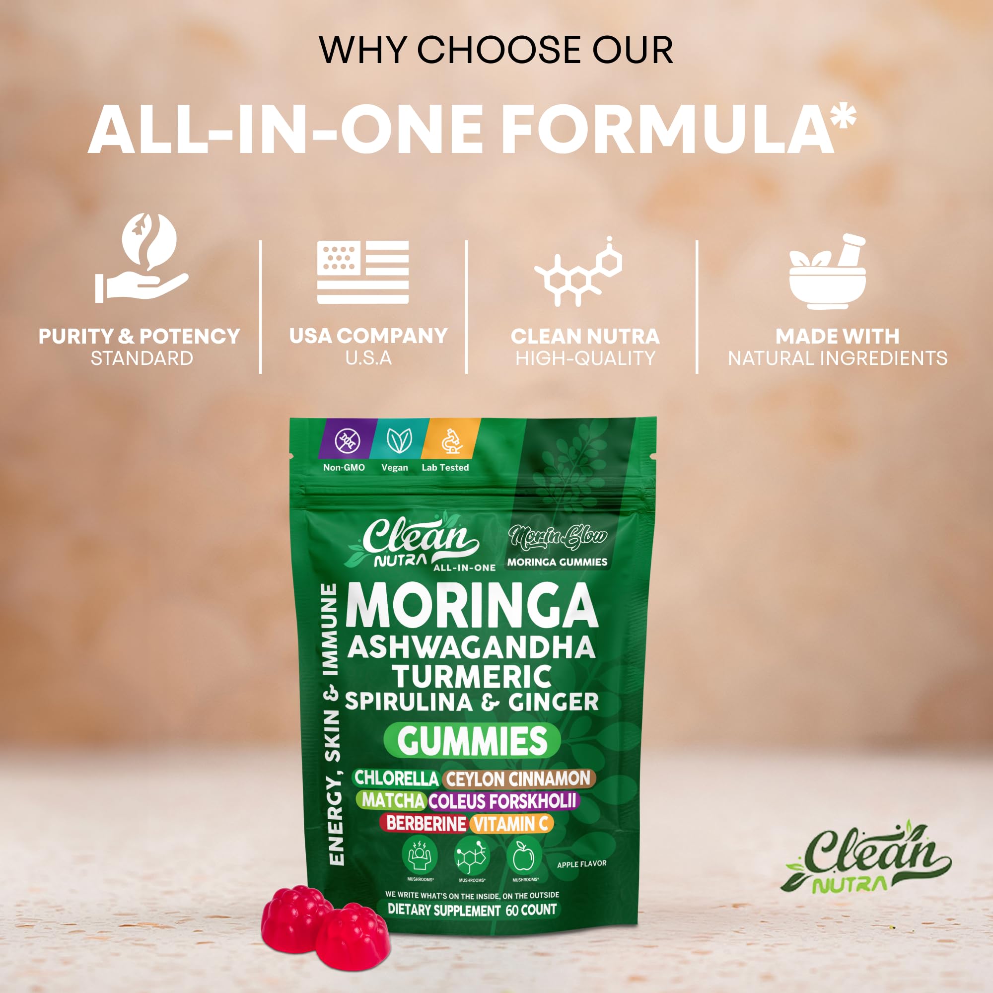 Rythme énergétique: gommes Clean Nutra Moringa pour vitalité quotidienne.