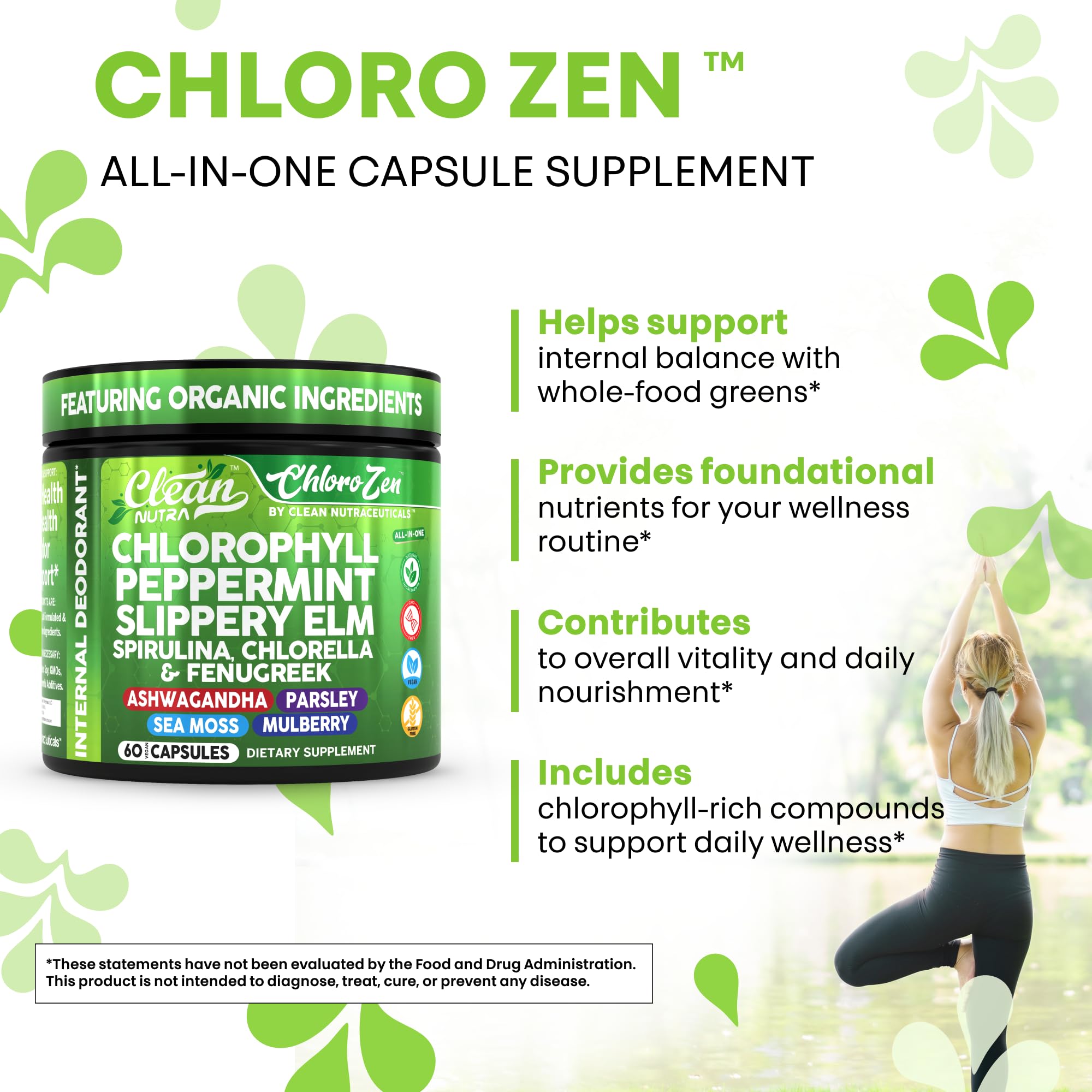 Mousse de mer et chlorophylle dans Clean Nutra pour fraîcheur corporelle.
