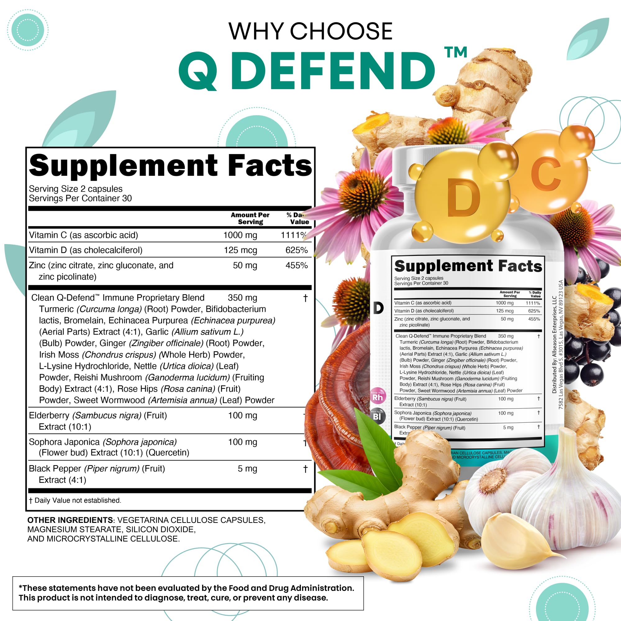 Q Defend — emballage et etiquette, sans sucre ajoute et sans colorants