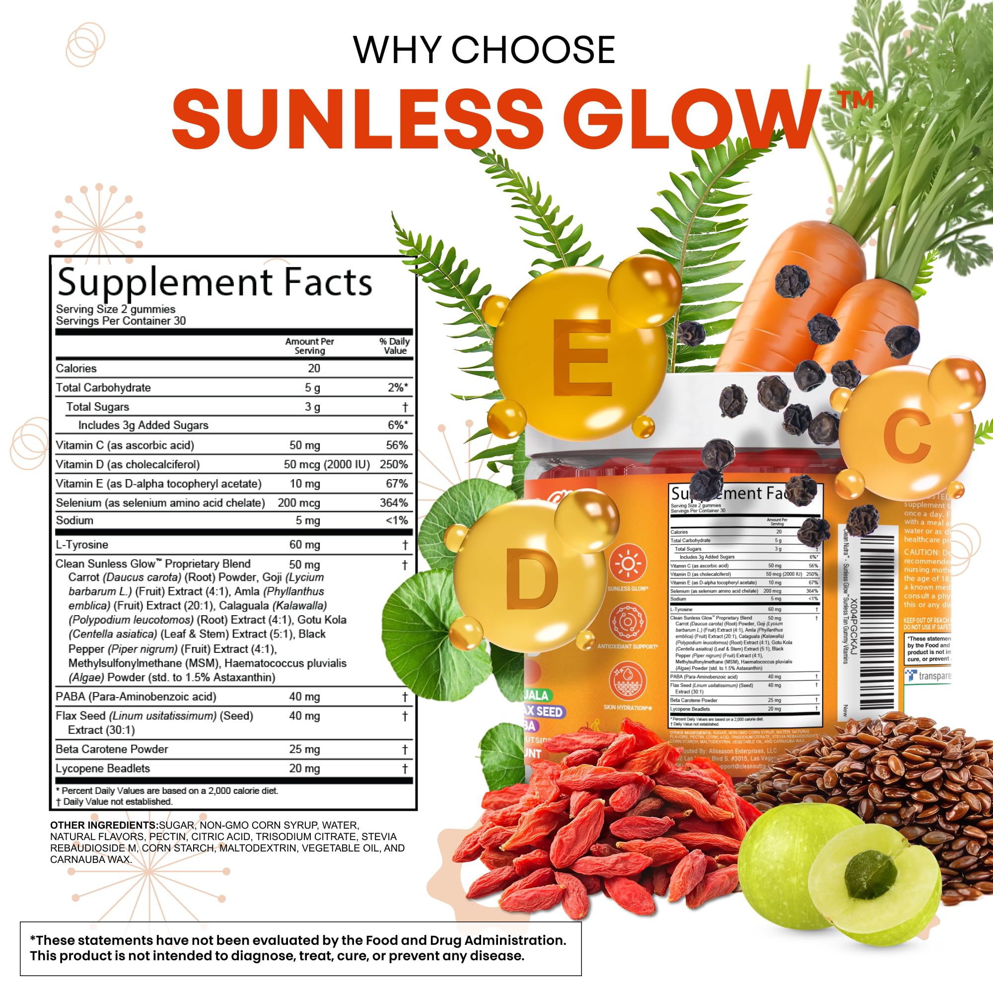 Gommes Clean Nutra Sunless Glow – vitamine D et C, soutien cutané