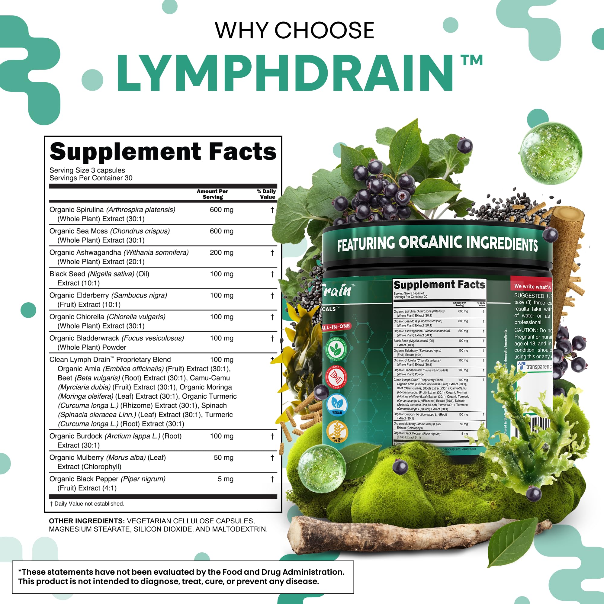 Clean Nutraceuticals – sureau, varech et bardane en capsules soutenant l’immunité potentielle.
