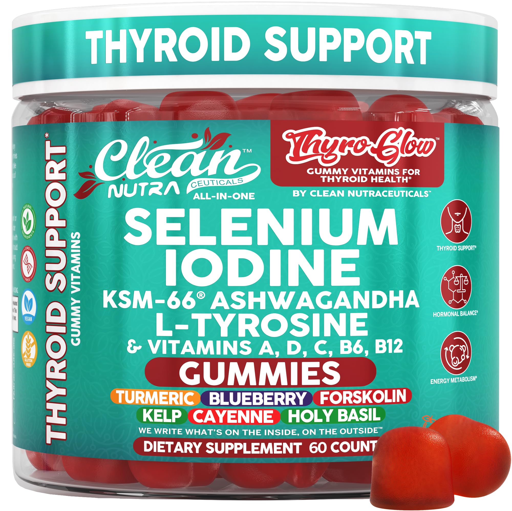 Gommes ThyroGlow de Clean Nutra dans une bouteille, soutien potentiel du métabolisme thyroïdien.