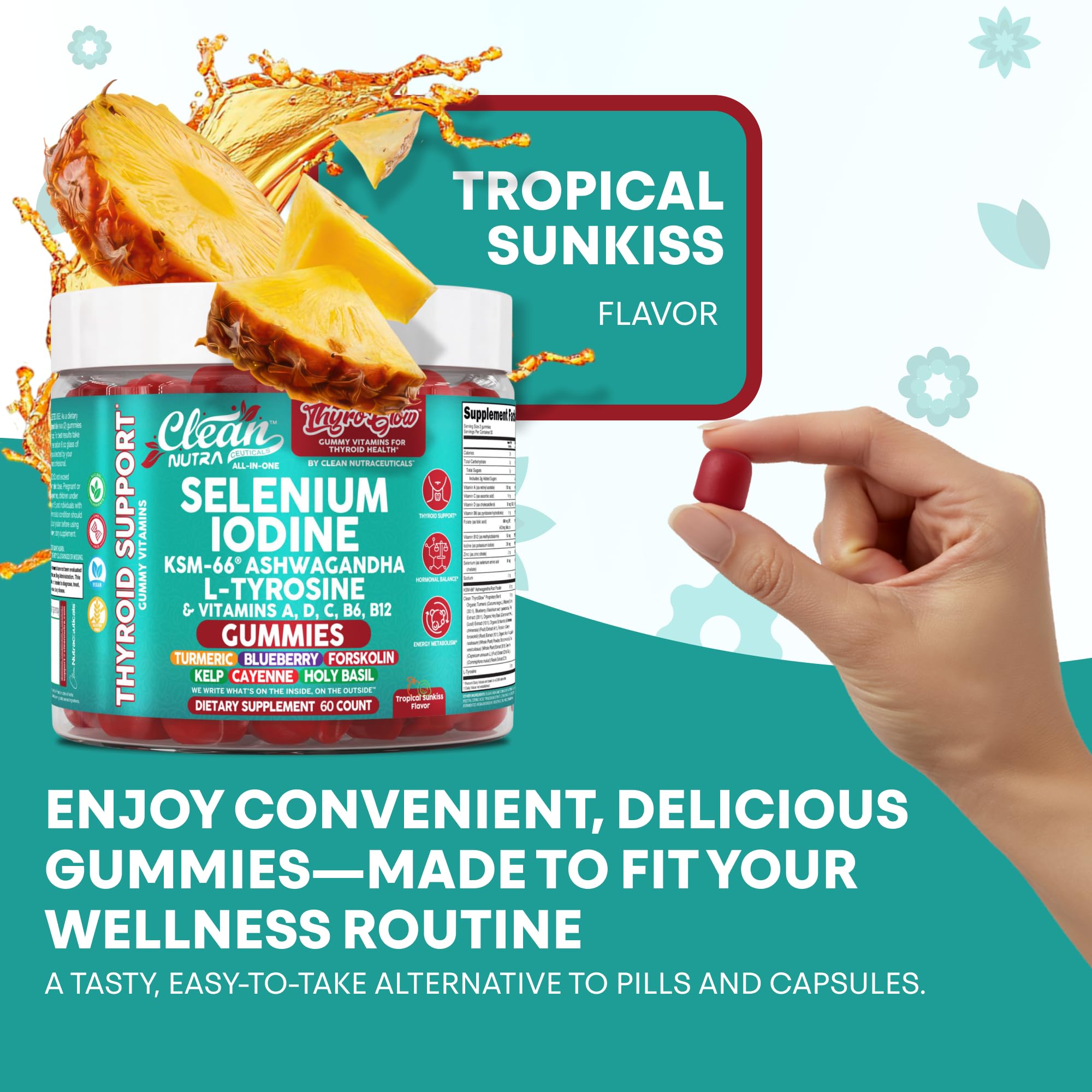 Gommes ThyroGlow à côté d'un flacon, variété de vitamines utile pour énergie.