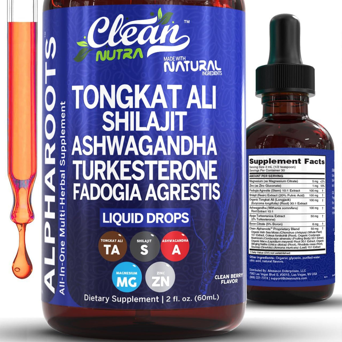 Gouttes Tongkat Ali Clean Nutra dans la bouteille, soutien énergie potentiel.