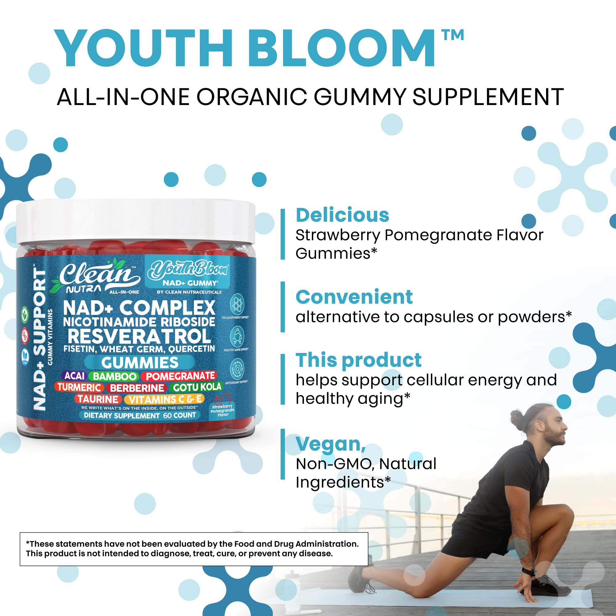 Gomme Youth Bloom près d'un verre d'eau, pratique à emporter.