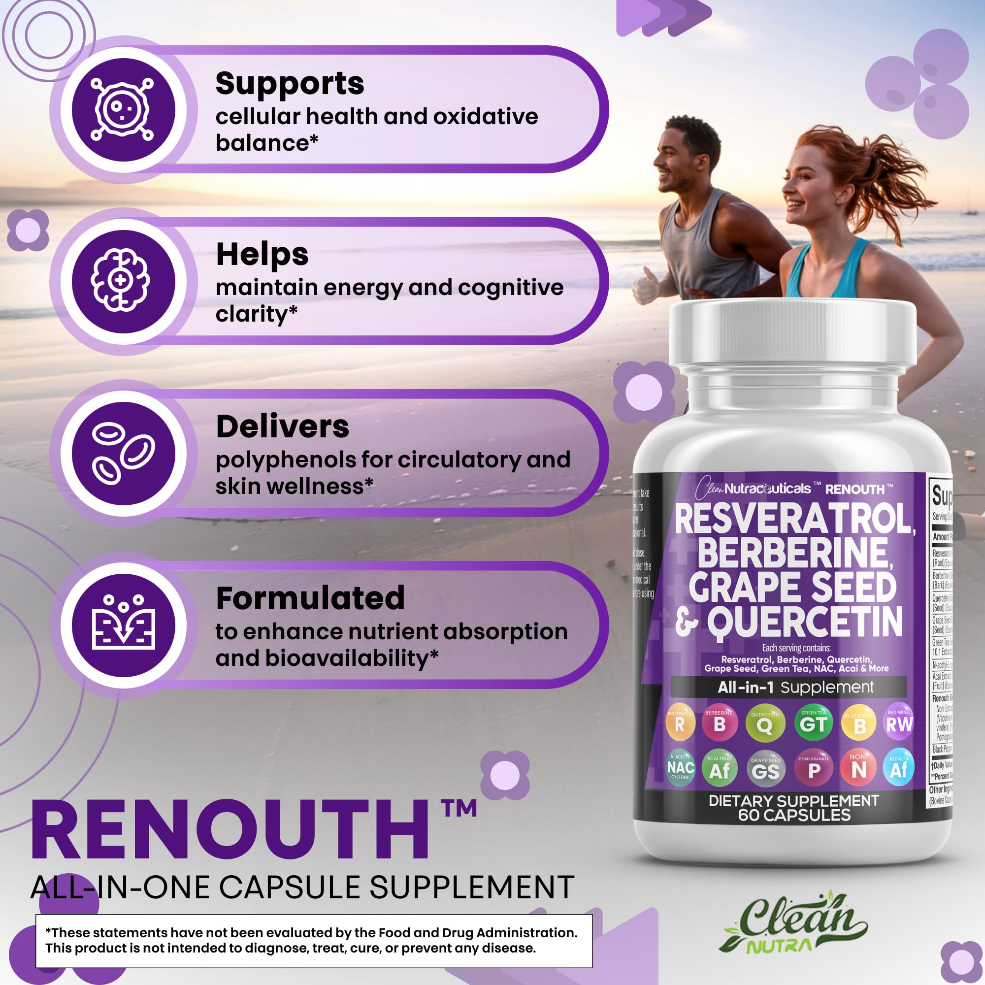 Clean Nutraceuticals acai et noni, mélange polyphénols pour le bien-être général.