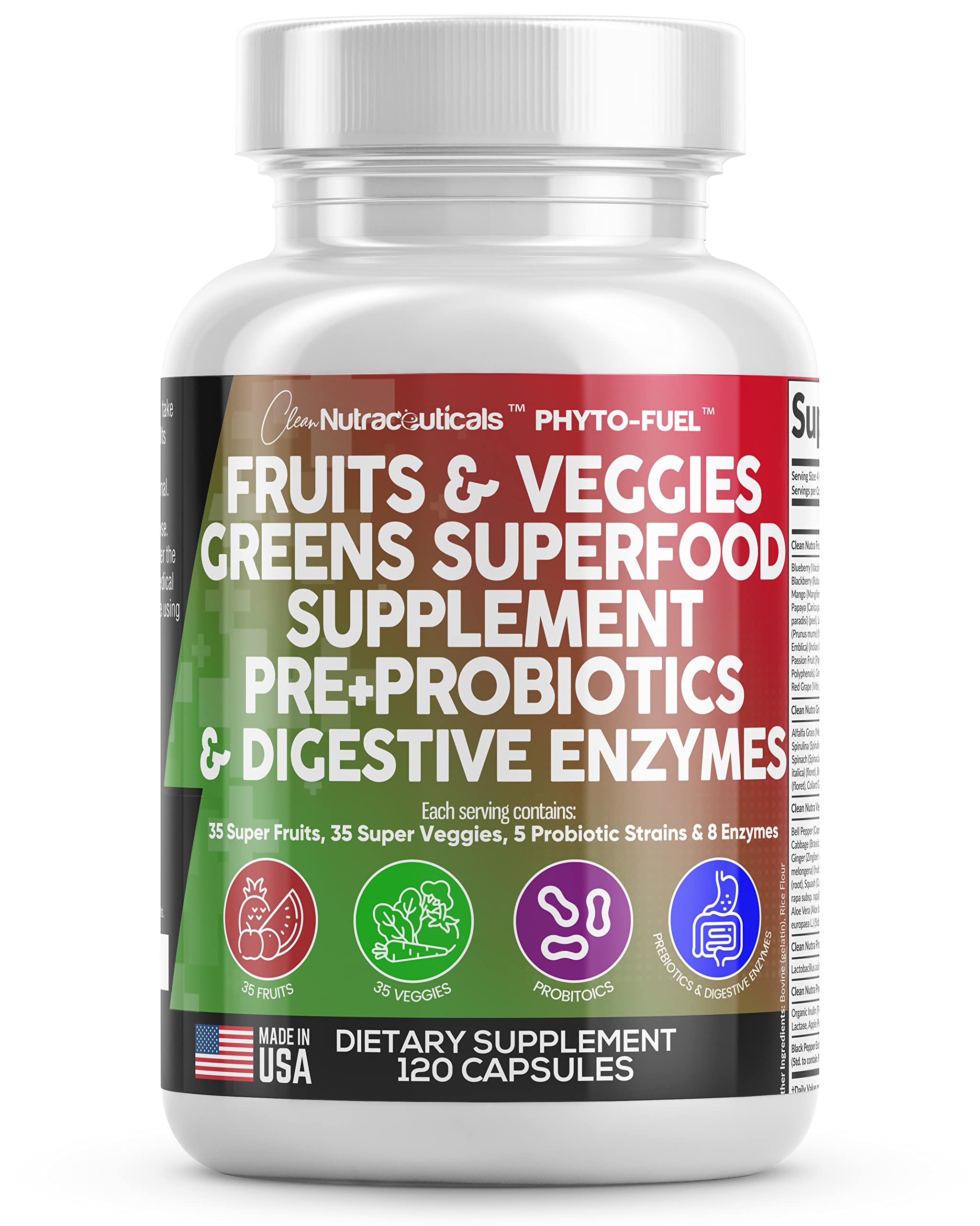 Clean Nutraceuticals : Bouteille de capsules fruits et legumes, soutien nutritionnel quotidien.