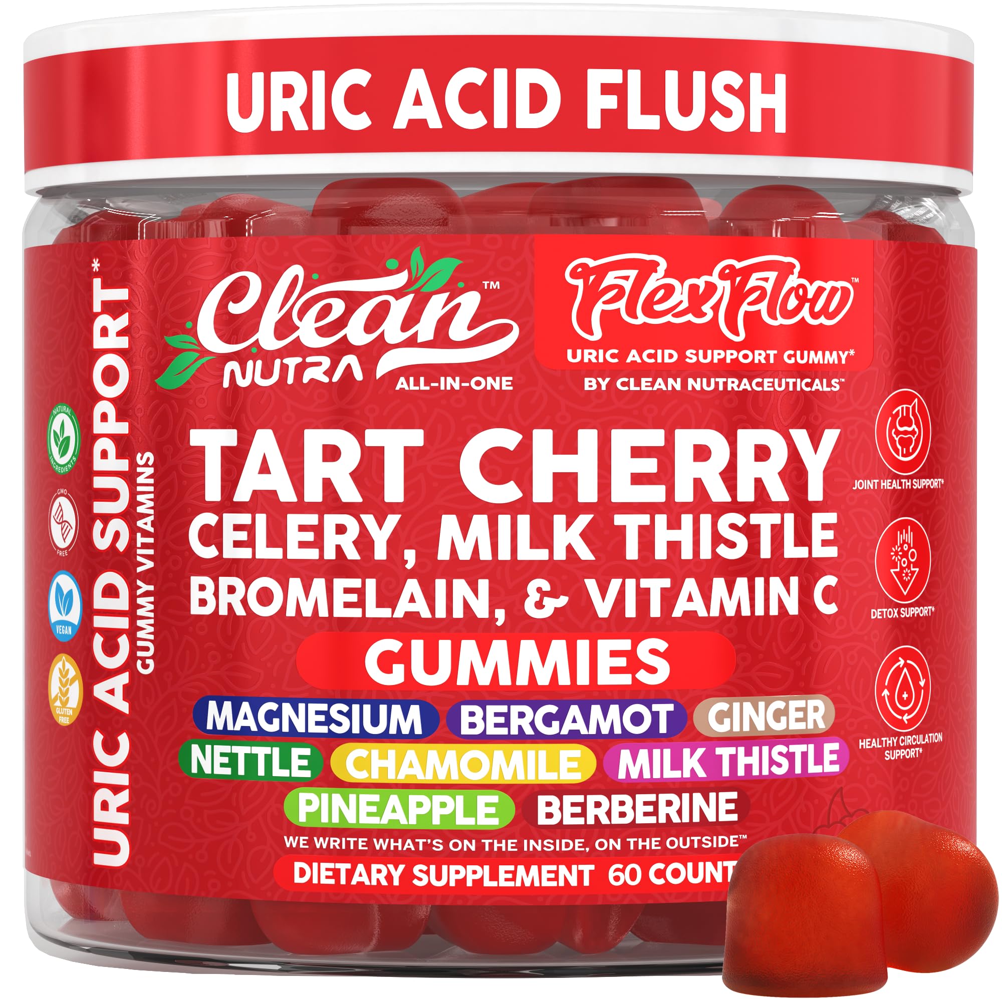 Gomme cerise Clean Nutraceuticals en bouteille, confort potentiel pour les articulations.