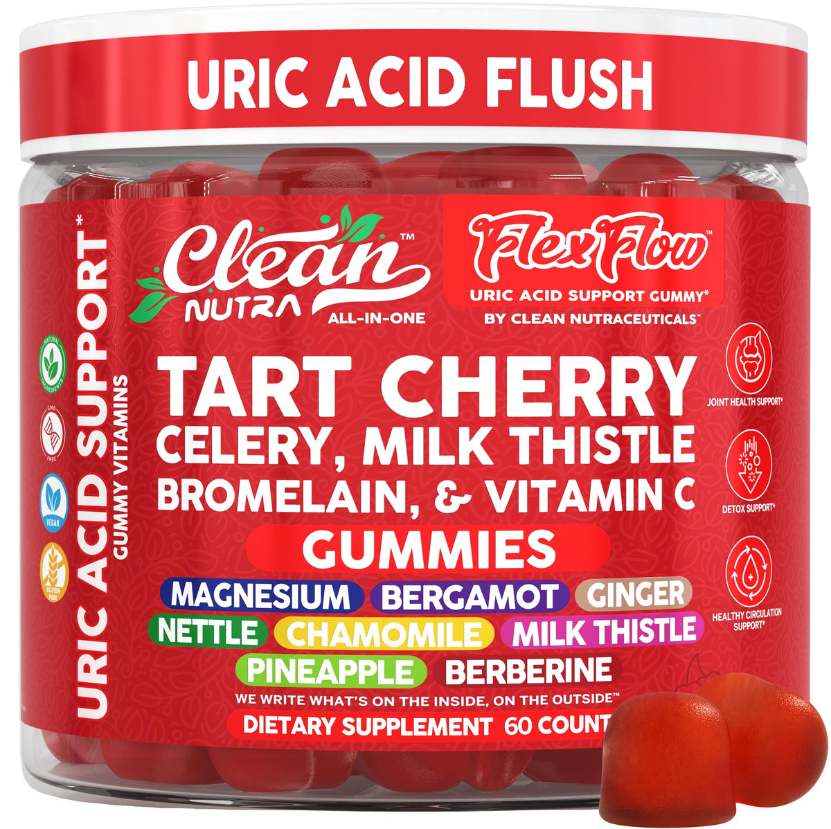 Gomme cerise Clean Nutraceuticals en bouteille, confort potentiel pour les articulations.