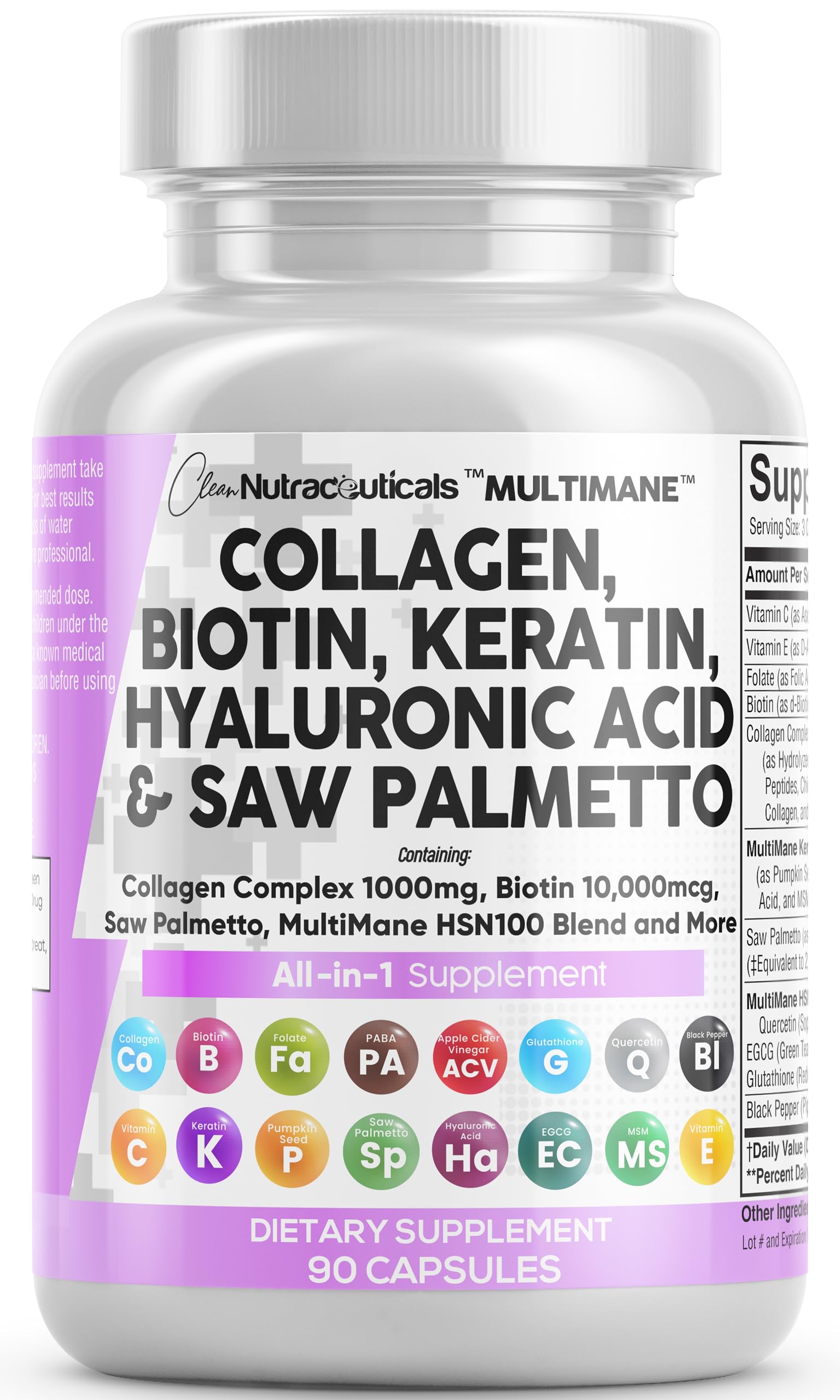 Bouteille Clean Nutraceuticals pilules collagène 1000 mg, soutien potentiel cheveux et peau.