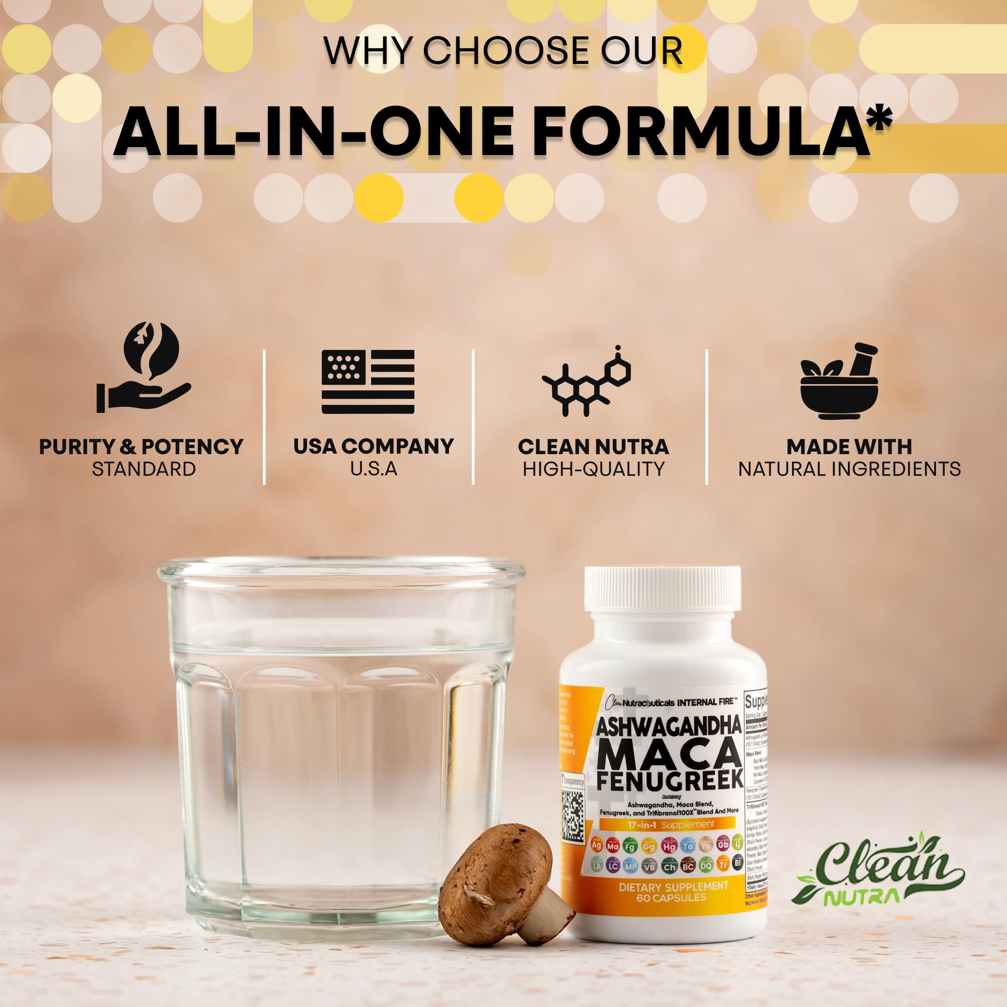 Clean Nutraceuticals: capsules Ashwagandha et Maca en une seule prise pratique.