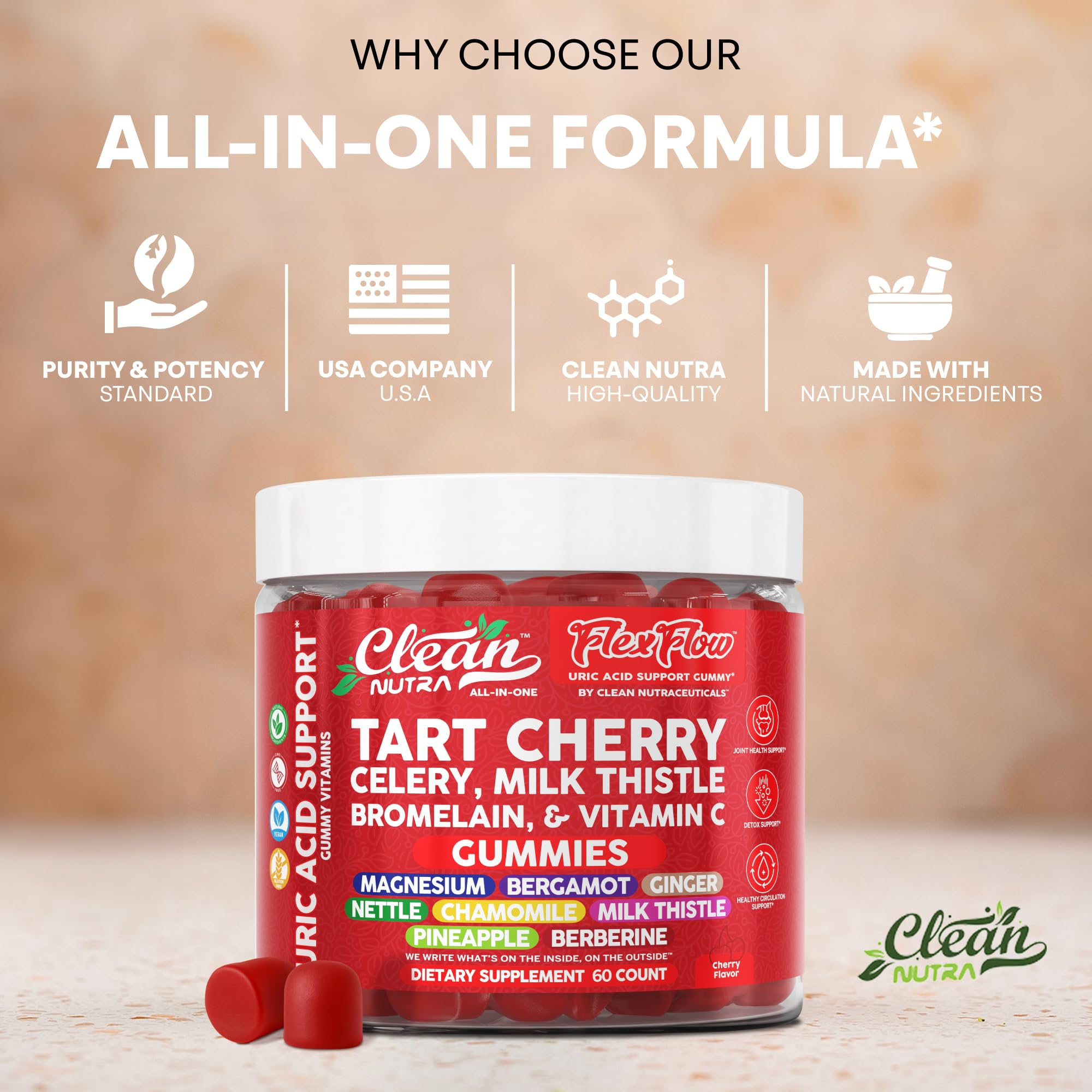 Orties et quercétine Clean Nutraceuticals, mélange naturel dans chaque gomme.