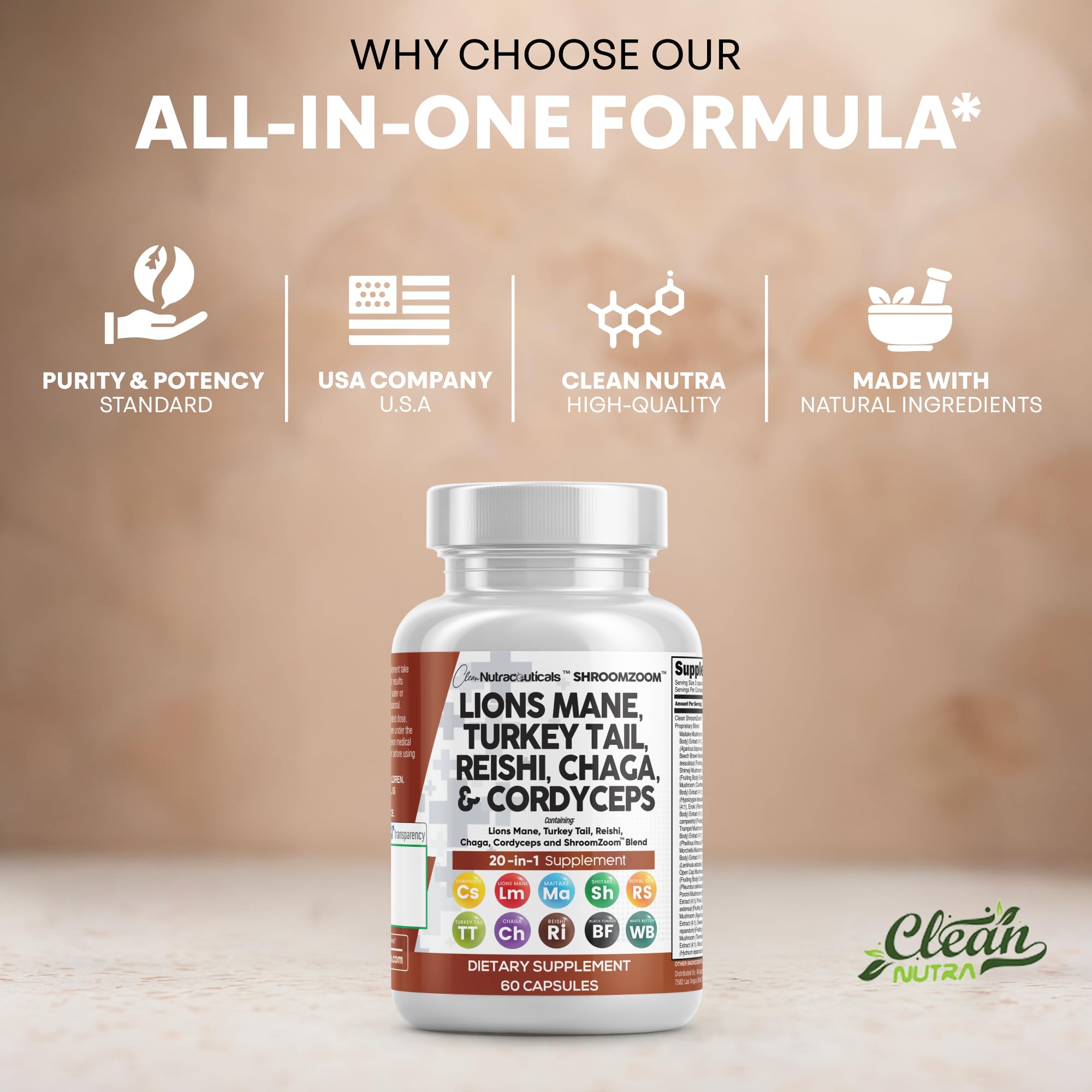 Dosage de deux capsules de Clean Nutraceuticals – format simple pour une consommation quotidienne.