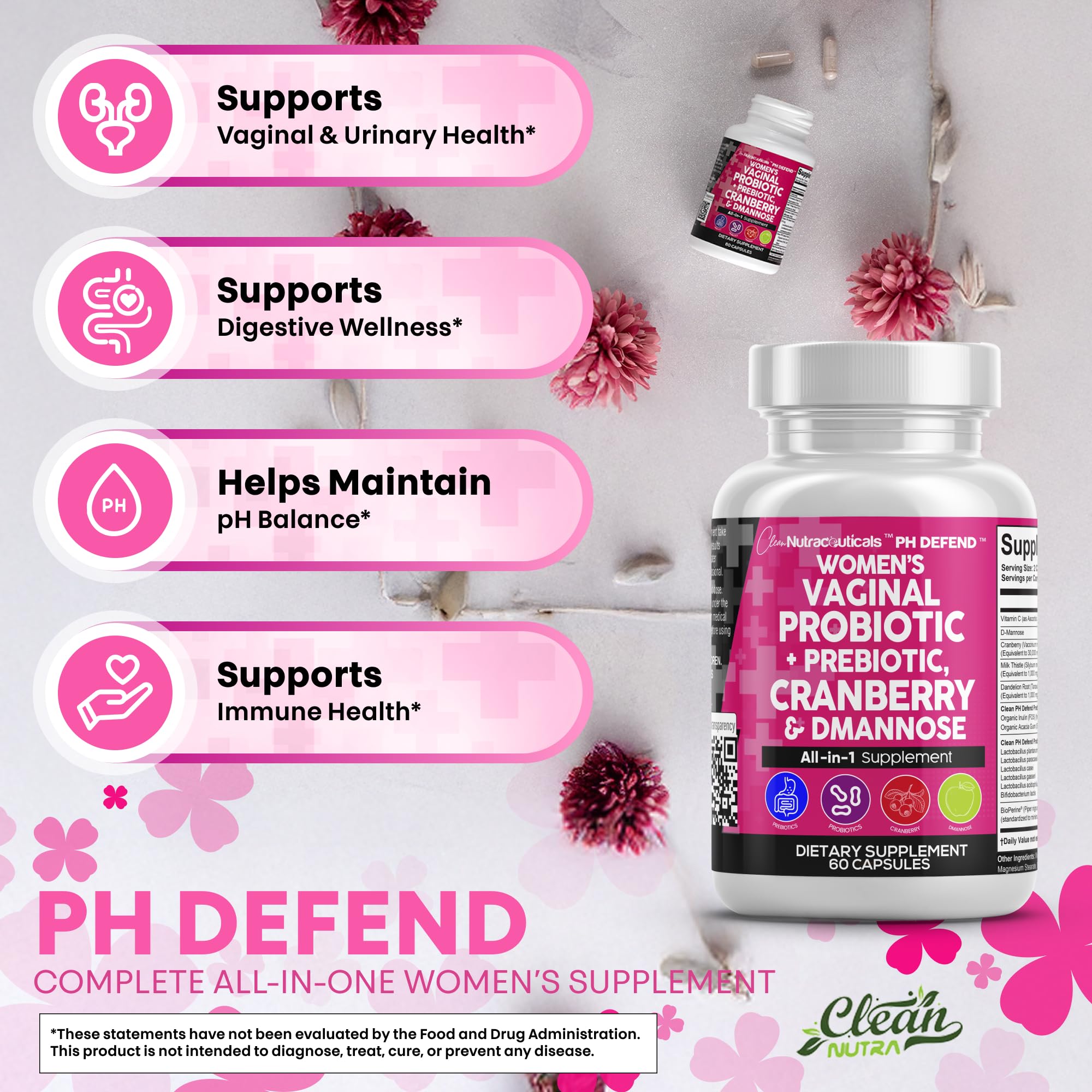 Clean Nutraceuticals, pH Defend, équilibre vaginal, pour un confort quotidien.