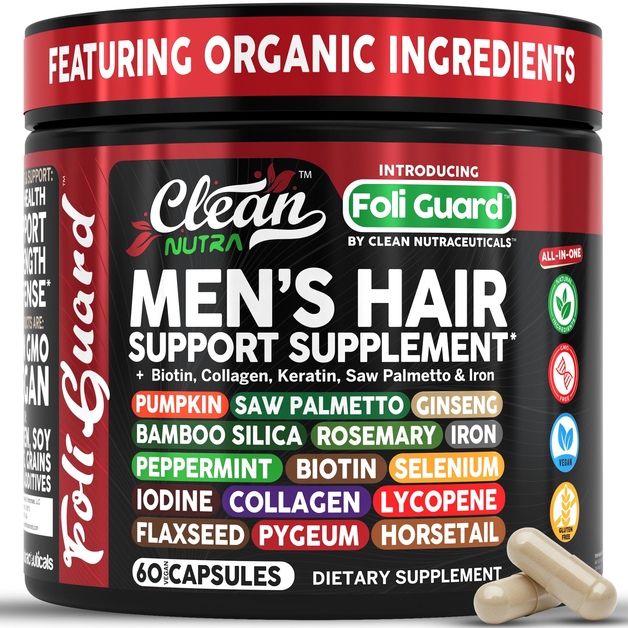 Clean Nutraceuticals Foli Guard — bouteille montrant le complément soutenant pousse et élasticité.