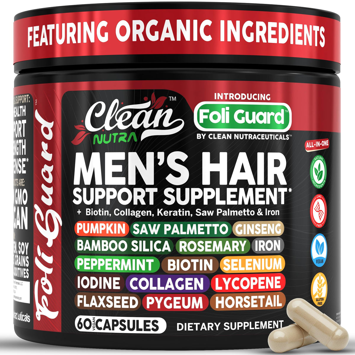 Clean Nutraceuticals Foli Guard — bouteille montrant le complément soutenant pousse et élasticité.