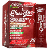 Emballage coloré de Clean Nutraceuticals Gluco Stix, pratique pour une utilisation rapide en déplacement.