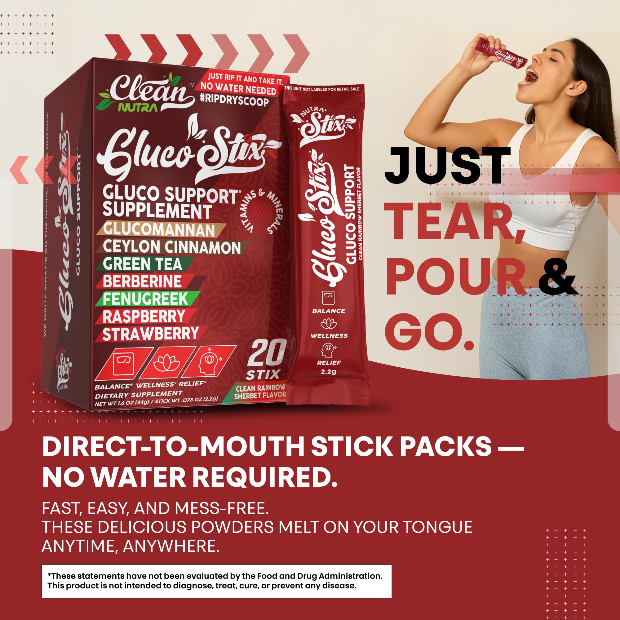 Gluco Stix sans sucre, option légère et adaptée à une routine quotidienne.